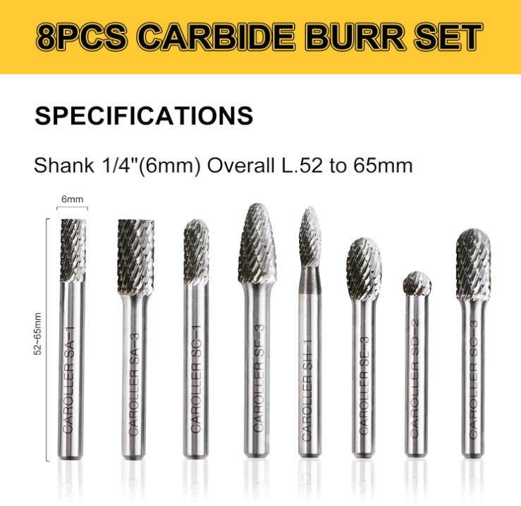 Carbide Burr Set 1/4" Shank 8PC Double Cut Die Grinder Rotary Tool Cutting Bu...