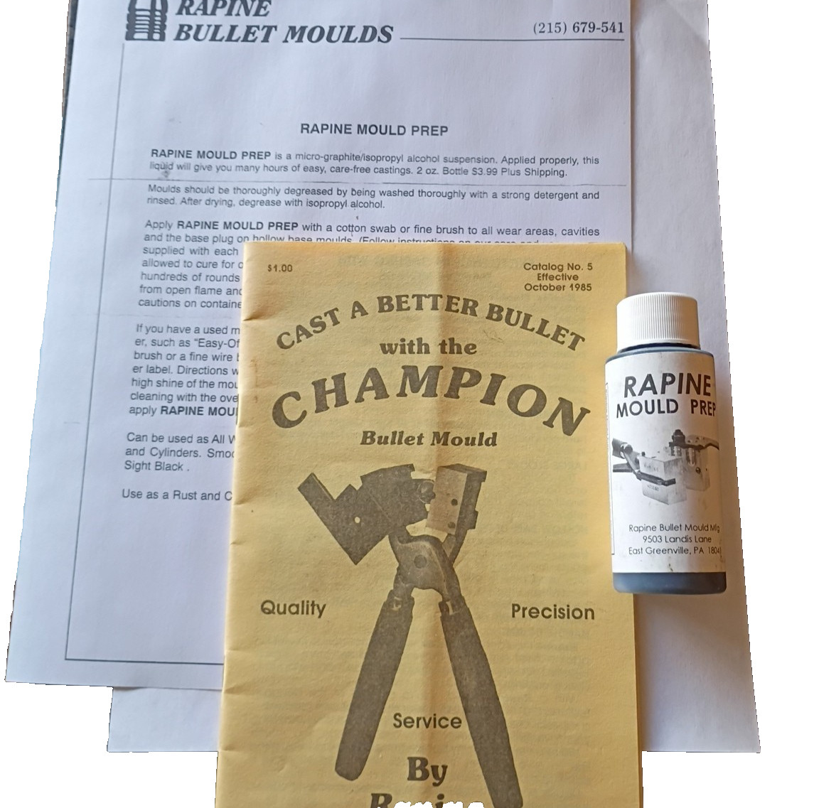 Vintage Bullet Mold Liquid Prep W/ Instruction & Rapine Mould Co. Booklet USA