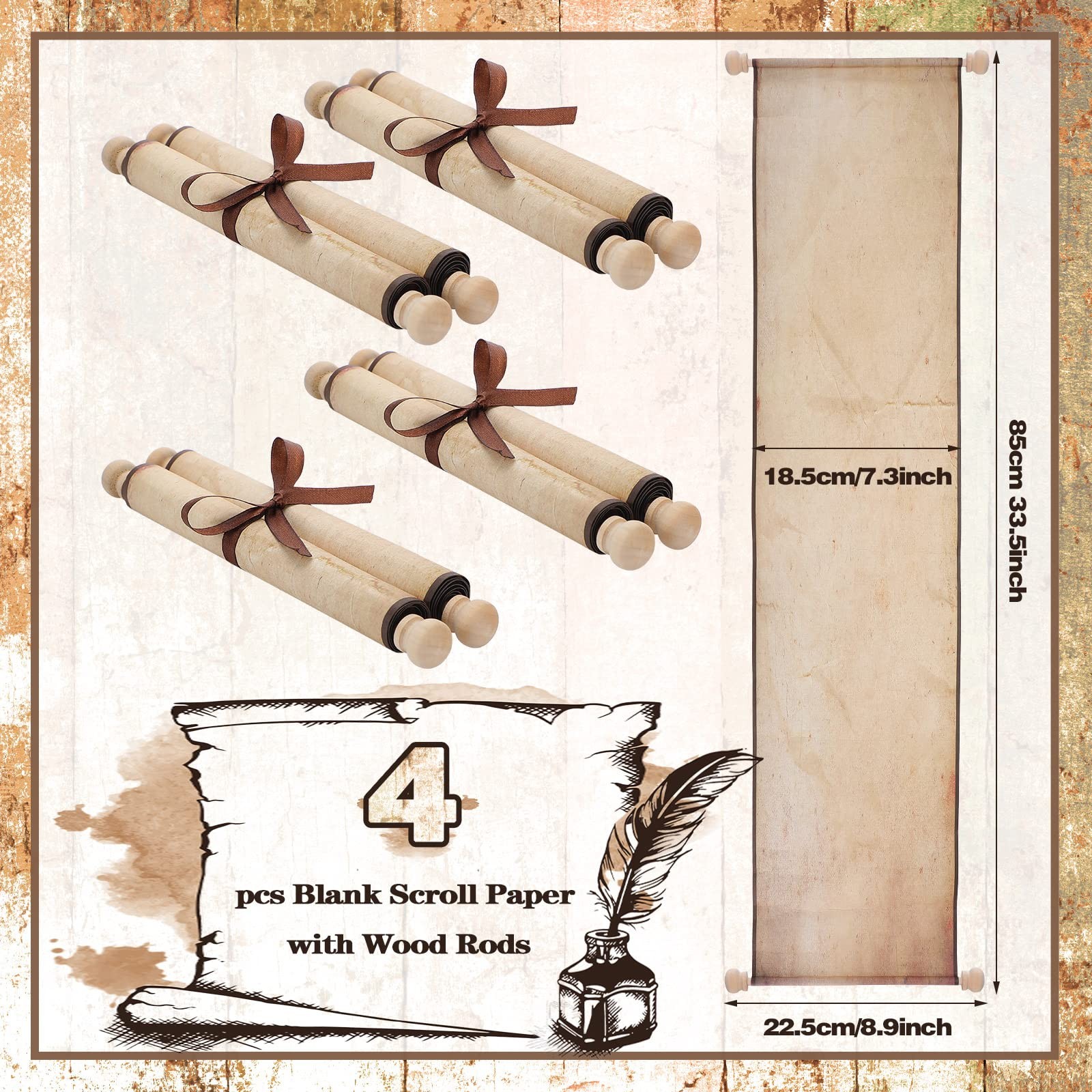 4 Pack Blank Paper Scrolls Scroll Paper Wrapped on Wood Rod for Writing, Draw...