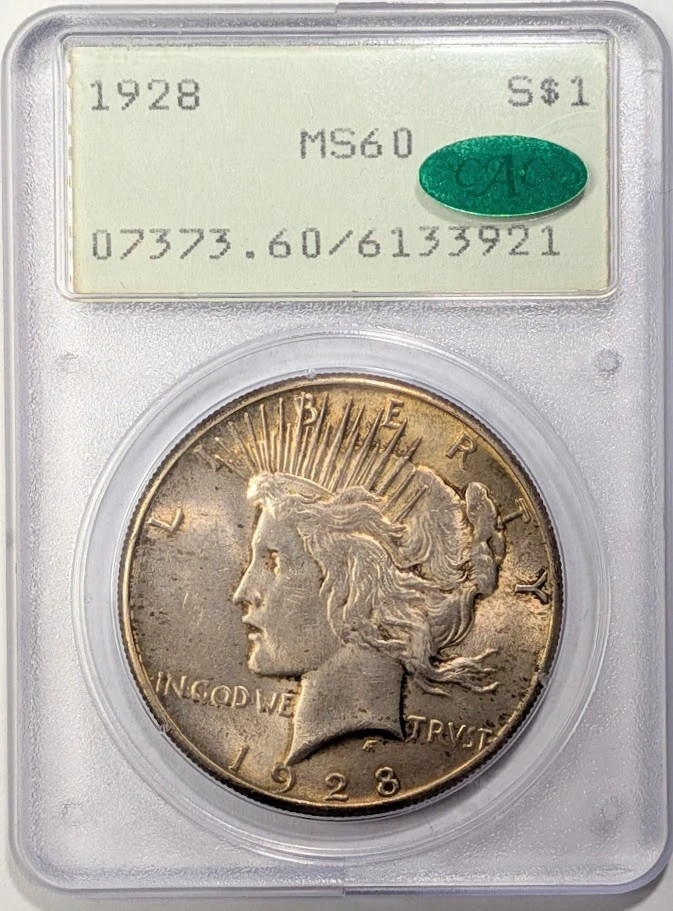 1928 P Peace Silver Dollar PCGS MS-60 OGH Rattler CAC