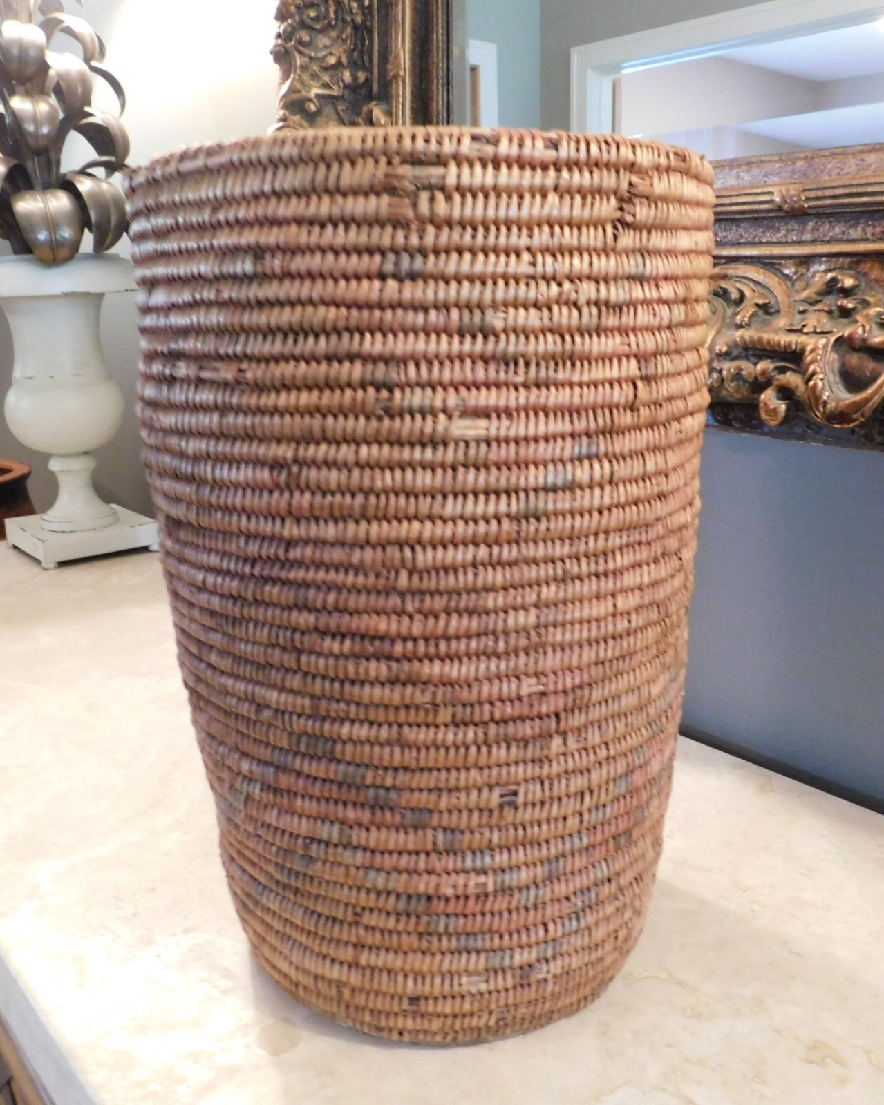VINTAGE SOUTHWEST INDIAN JICARILLA APACHE POLYCHROME CYLINDRICAL BASKET