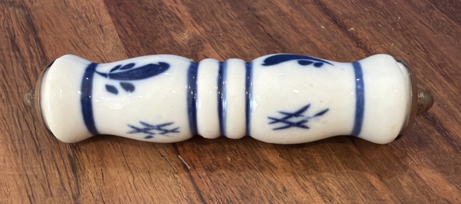 vintage delft blue and white ceramic handle, found on copper kettles, teapots