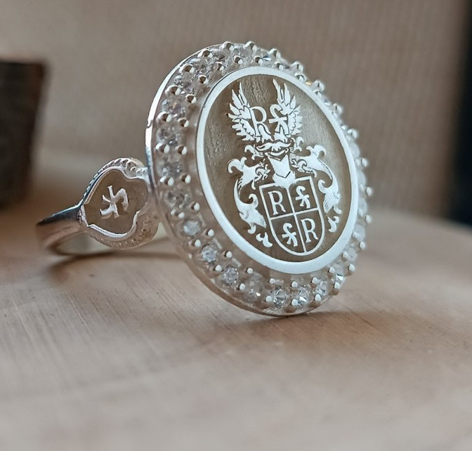 Custom Family Crest Signet Ring Sterling Silver with CZ Border Personalized Jewe