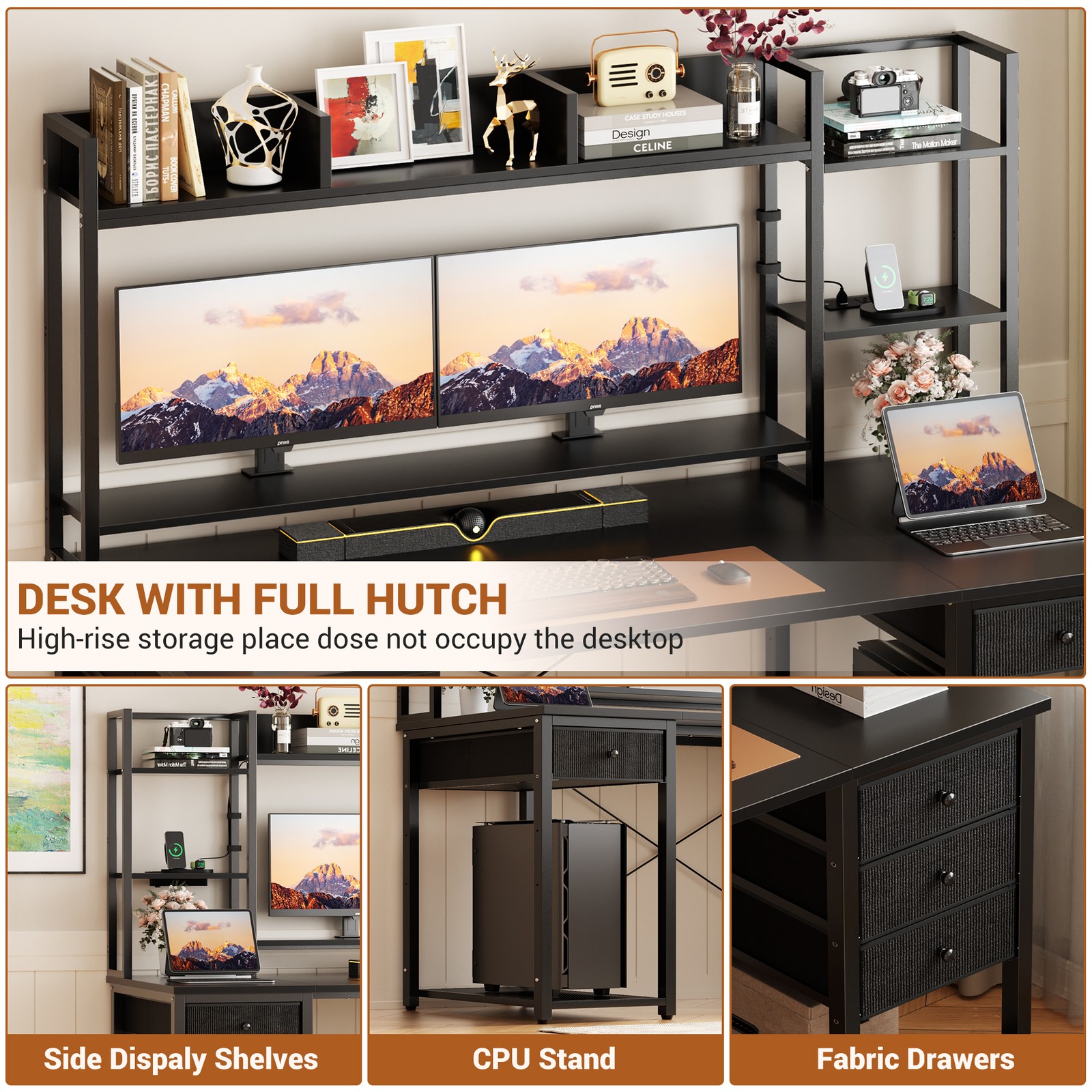 55'' Computer Desk with Hutch and 4 Fabric Drawer ＆ Charge Station ＆ LED Lights