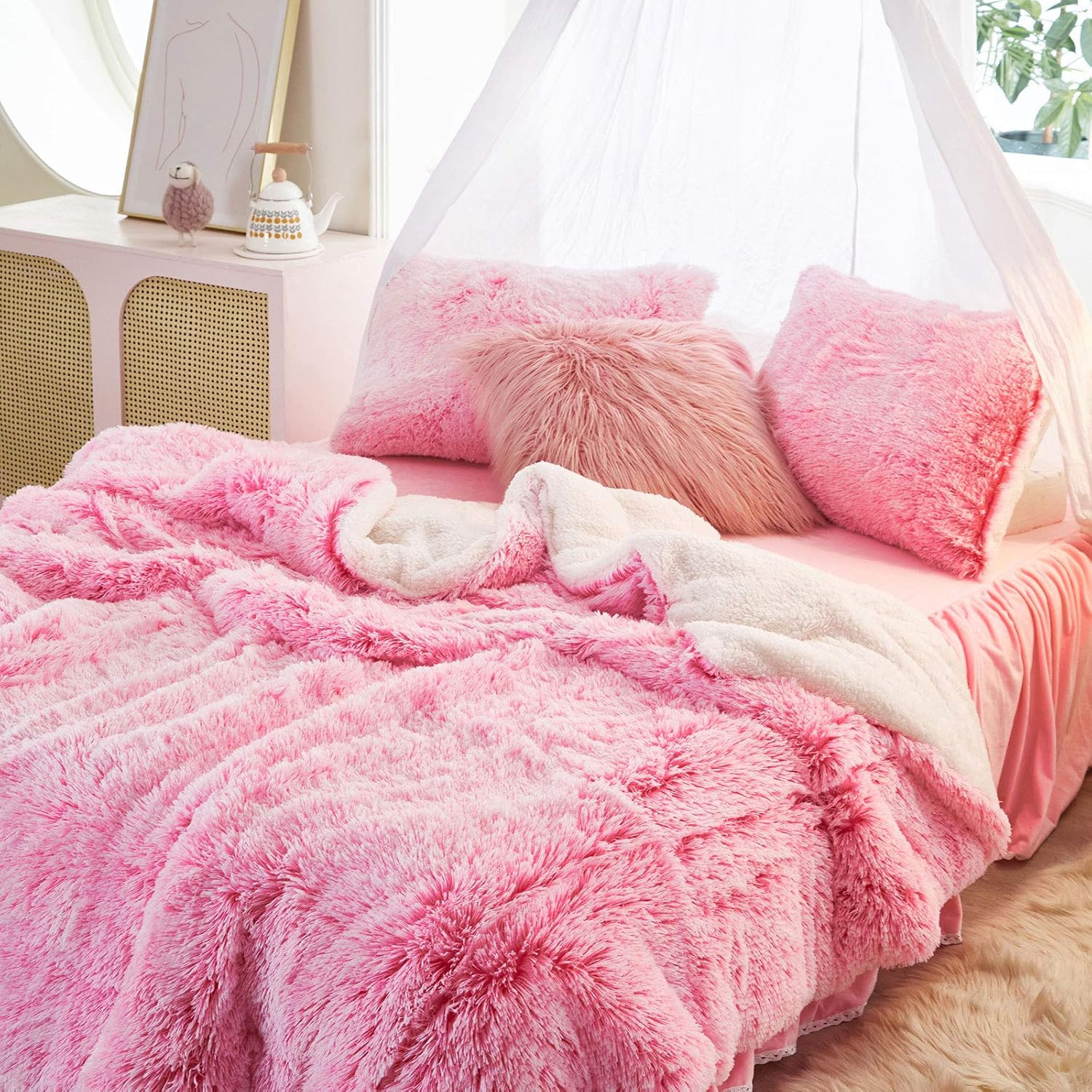 3-Piece Plush Shaggy Comforter Set, Full/Queen Size Luxury Faux Fur Sherpa Rever