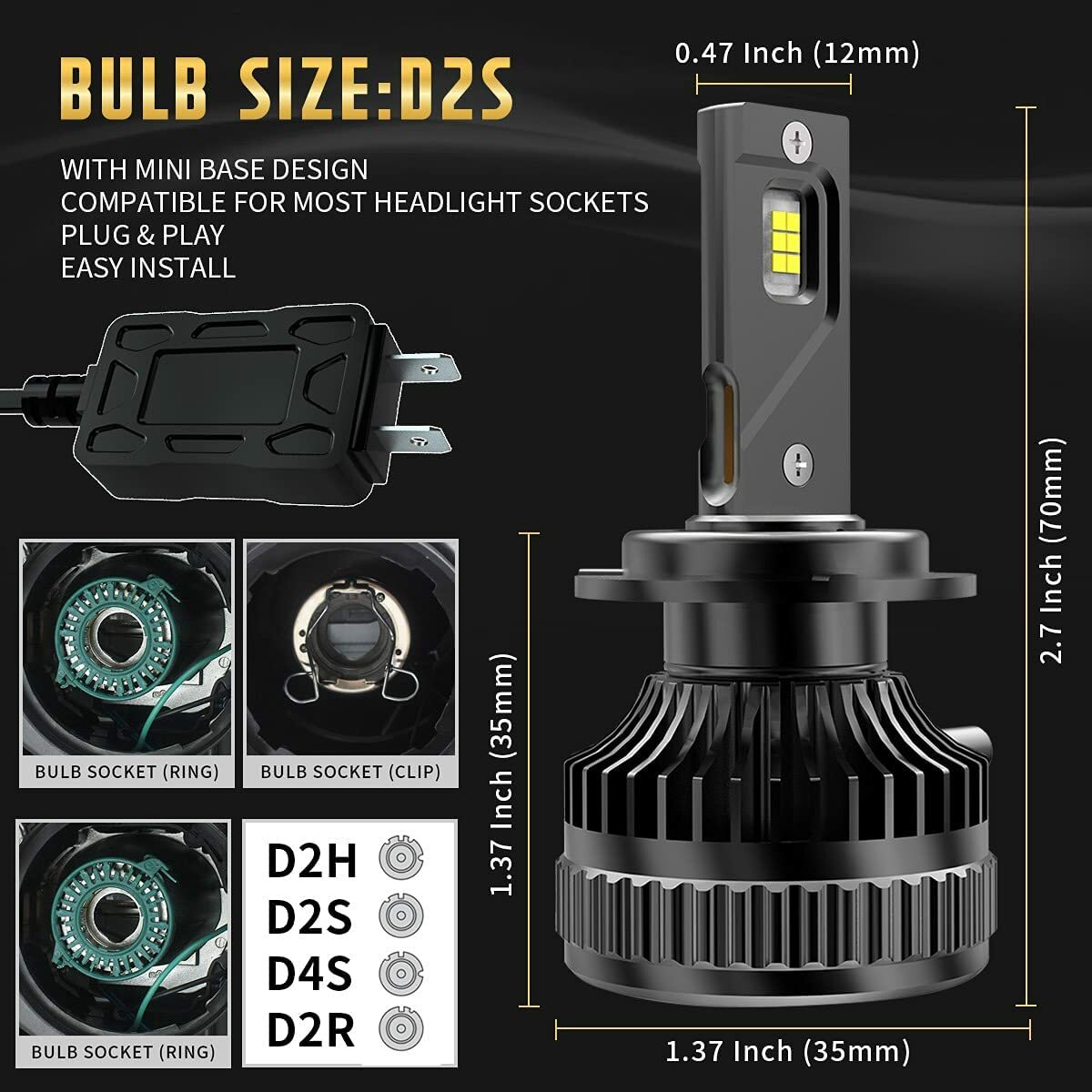 VLAND 2* D2H LED Headlight Bulbs 50W 6000K For Projector Lens 2PCS