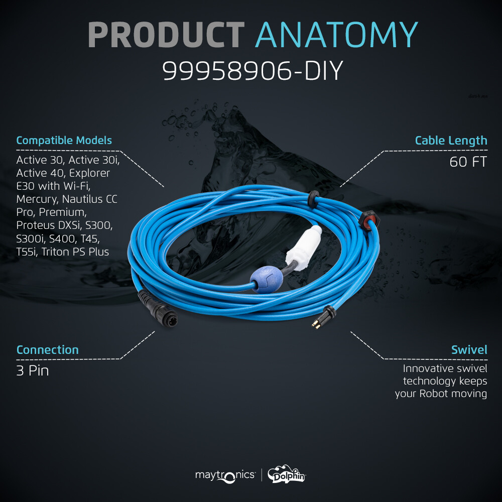 Authentic Dolphin Replacement Cable with Swivel (3 Wire) - 60ft, Maytronics