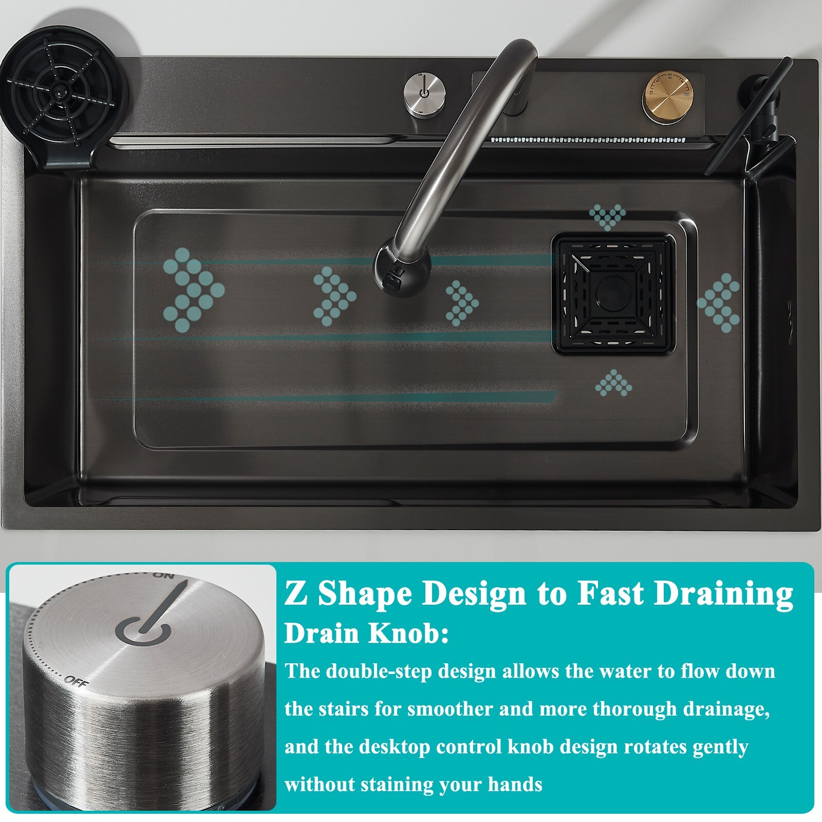 31.5" Flying Rain Stainless Steel Waterfall Kitchen Sink with Faucet Single Bowl