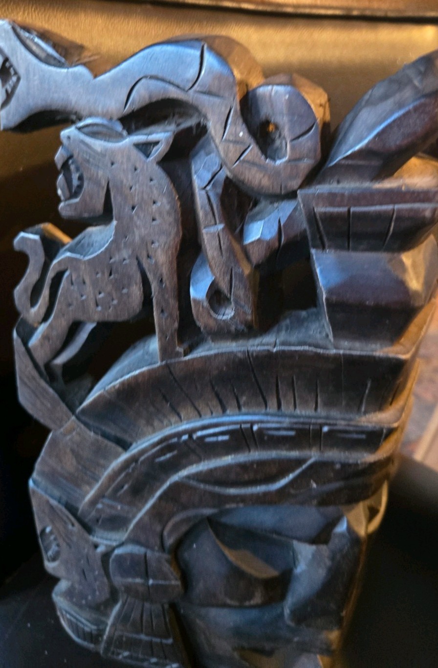 Vtg Hand Carved Aztec Mayan Intricately Carved Wood Warrior Mask Snake Jaguar