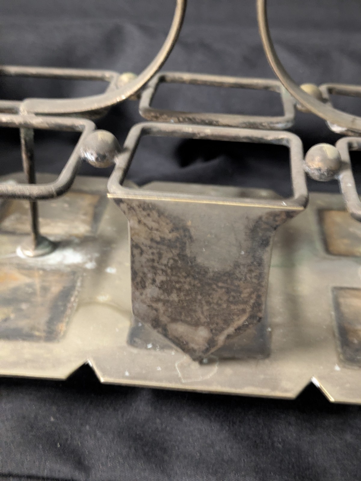 Vintage 6 Bottle Cruet Set with Handles Holder Silver plate Art Deco Condiments