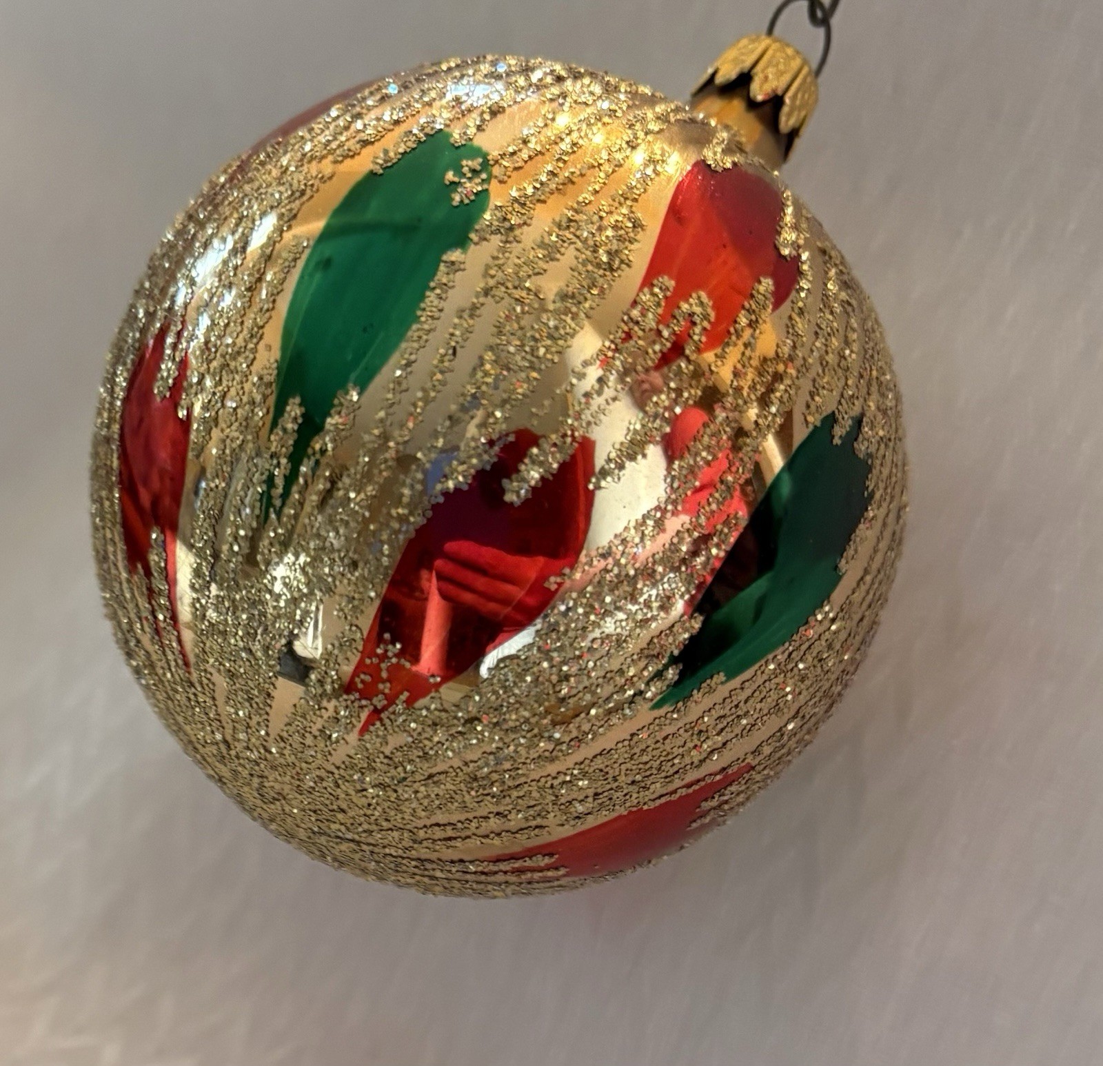 Vintage Gold, Red, Green And Glitter Glass Christmas Tree Ornament Holiday Decor