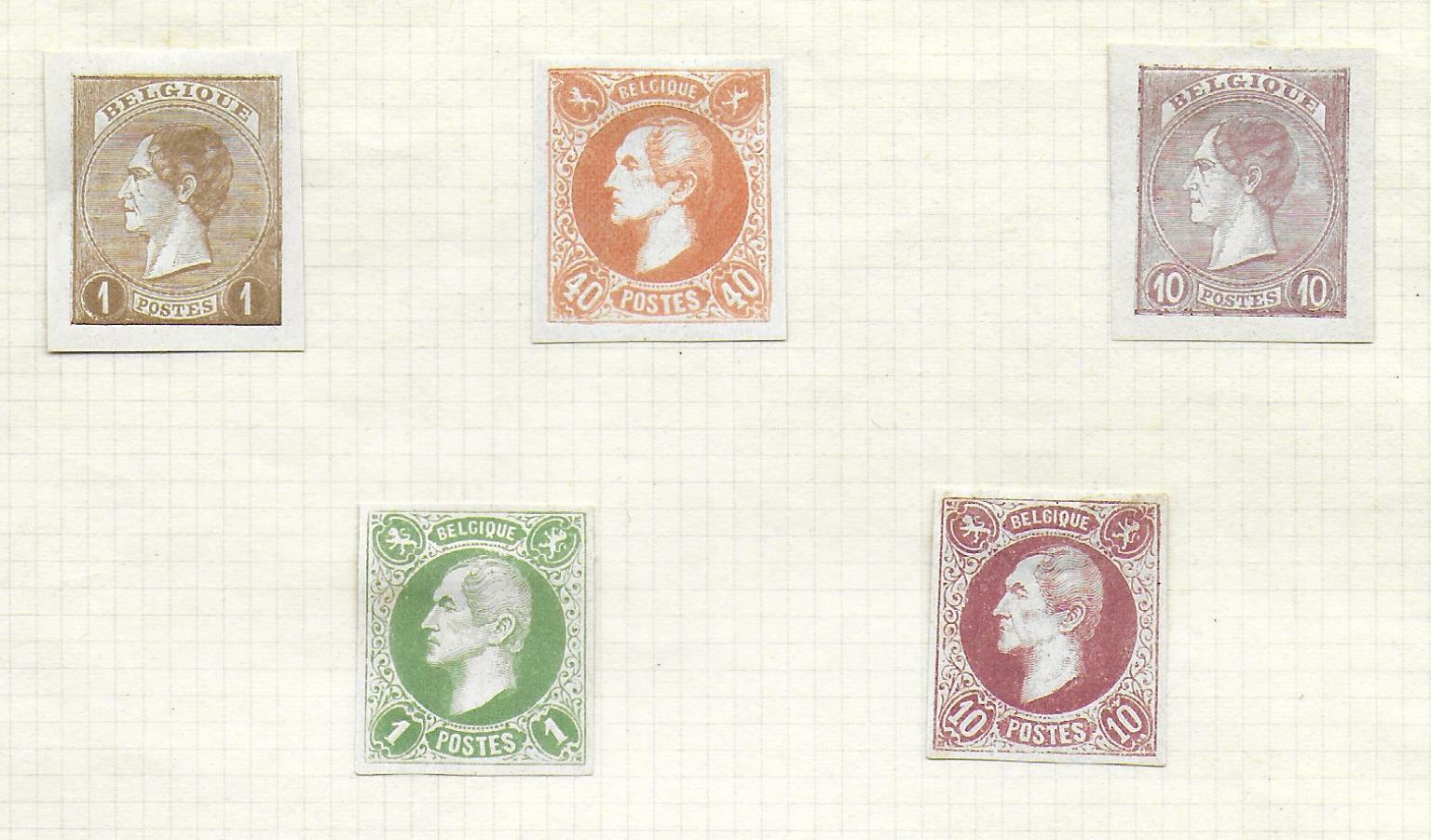 Belgium stamps 1865 5 PROOFs/Essays UNG VF