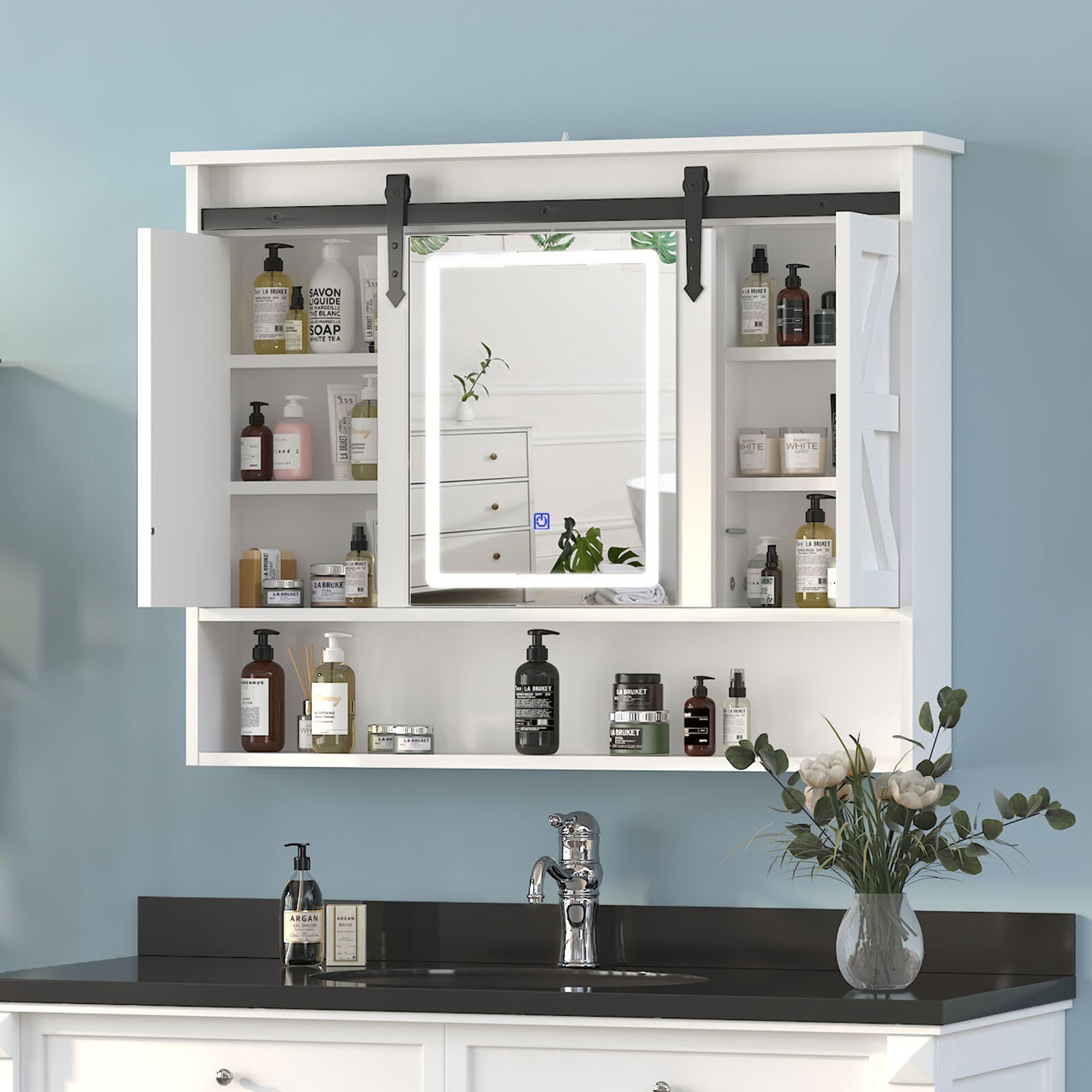 LED Medicine Cabinet Mirror Bathroom Wall Cabinet w/Lights and Sliding Barn Door