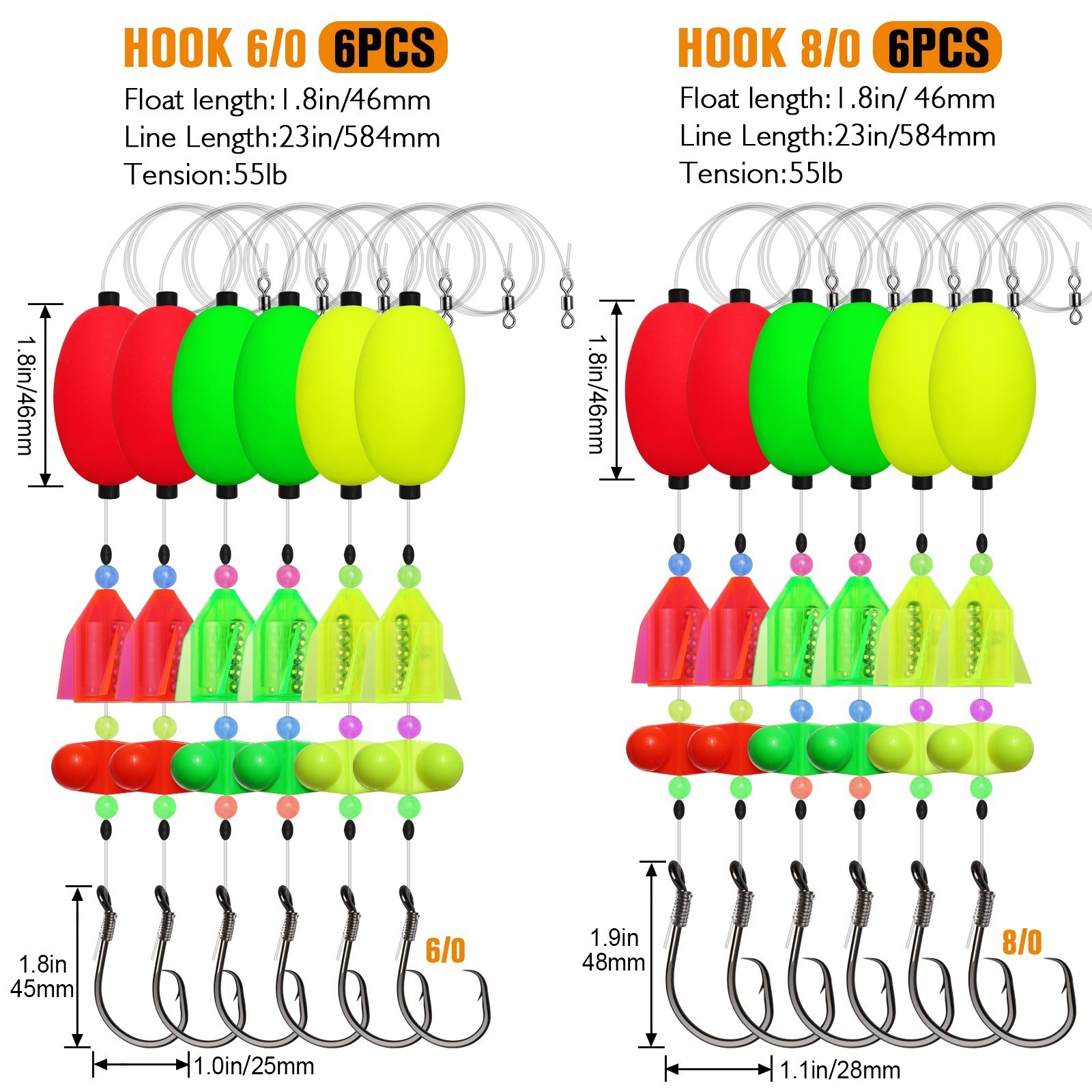 Dovesun 6PCS Catfish Rigs with Oval Float, 6/0 Hook, Double Rattle Beads & Bells