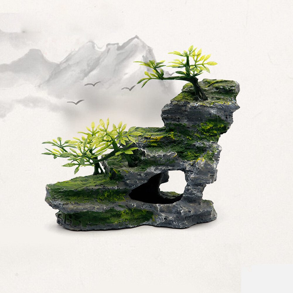 Large Fish Tank Decorations Mountain View Aquarium Ornament with Tree House Cave