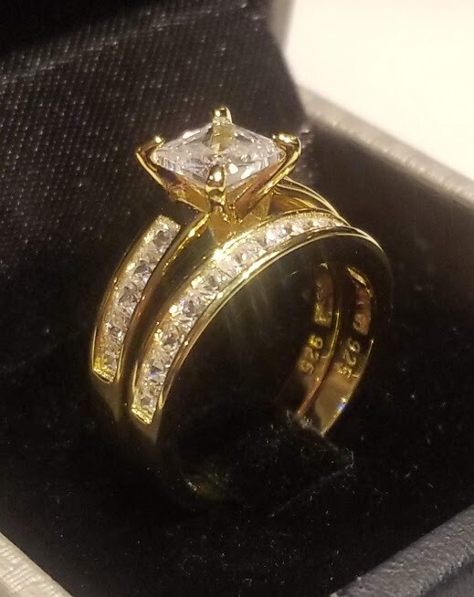 CLEARANCE Princess simulated Diamond Engagement Set Gold Plated Sterling Silver