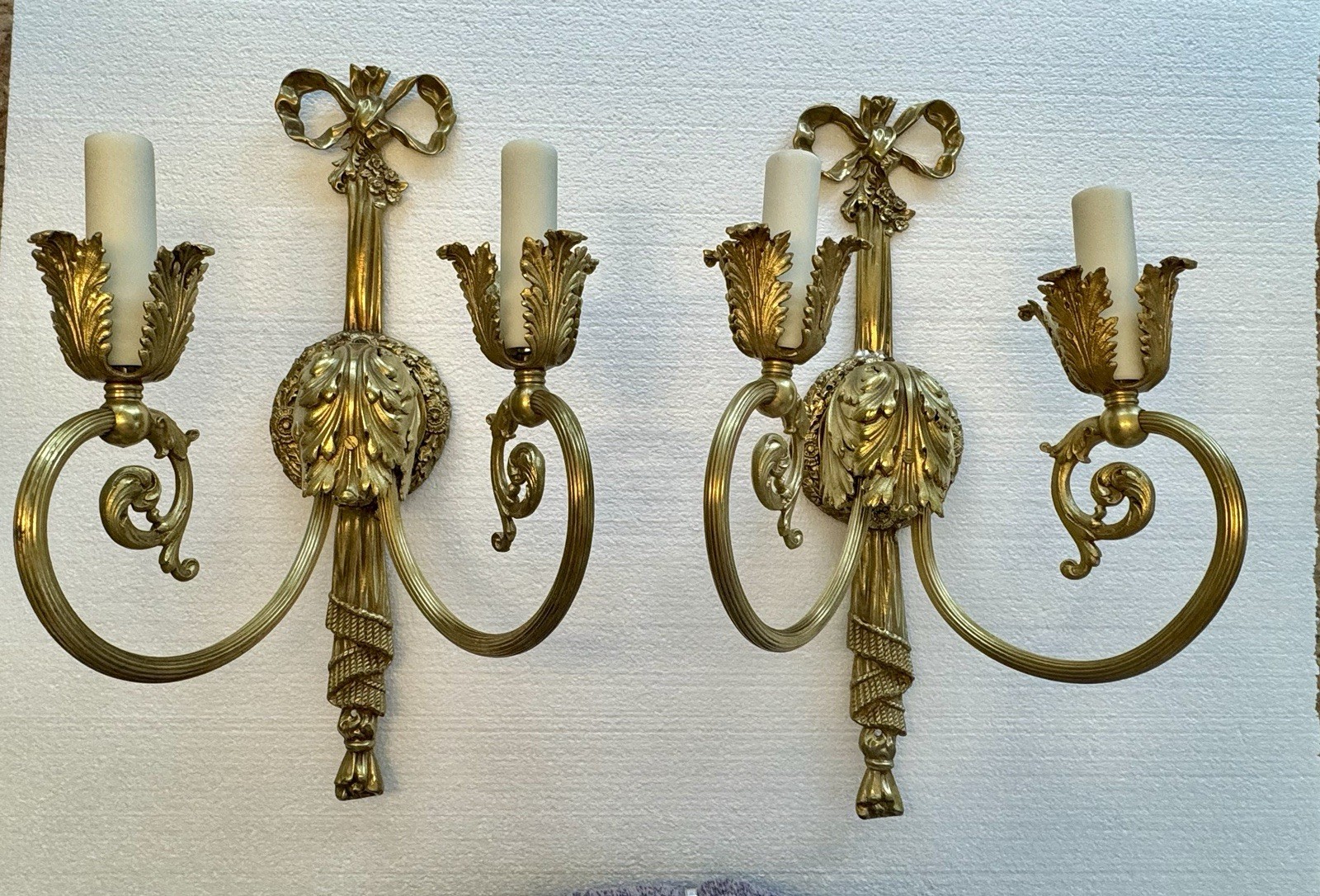 PAIR Antique French Gilt Brass Rope Bow Tassels Wall Sconce 2 Light Candelabras
