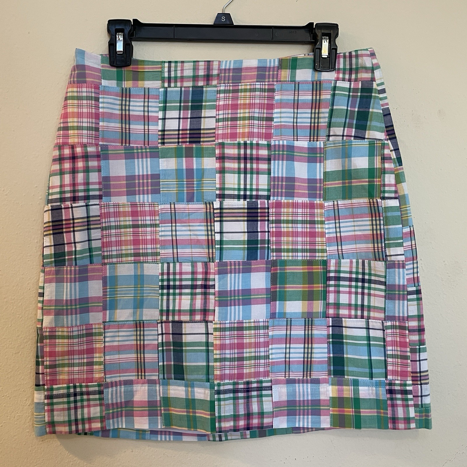 Talbots Madras Plaid Patchwork Skirt Sz 6, Pink Green Blue Pastels, Lined, Zip