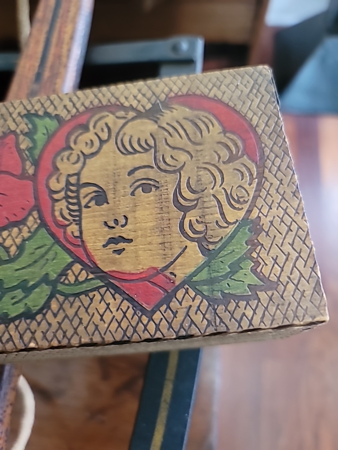 Antique Pyography Box Wood Valentine Painted Hearts Cupid Lady UNIQUE 10×3 1/2×2