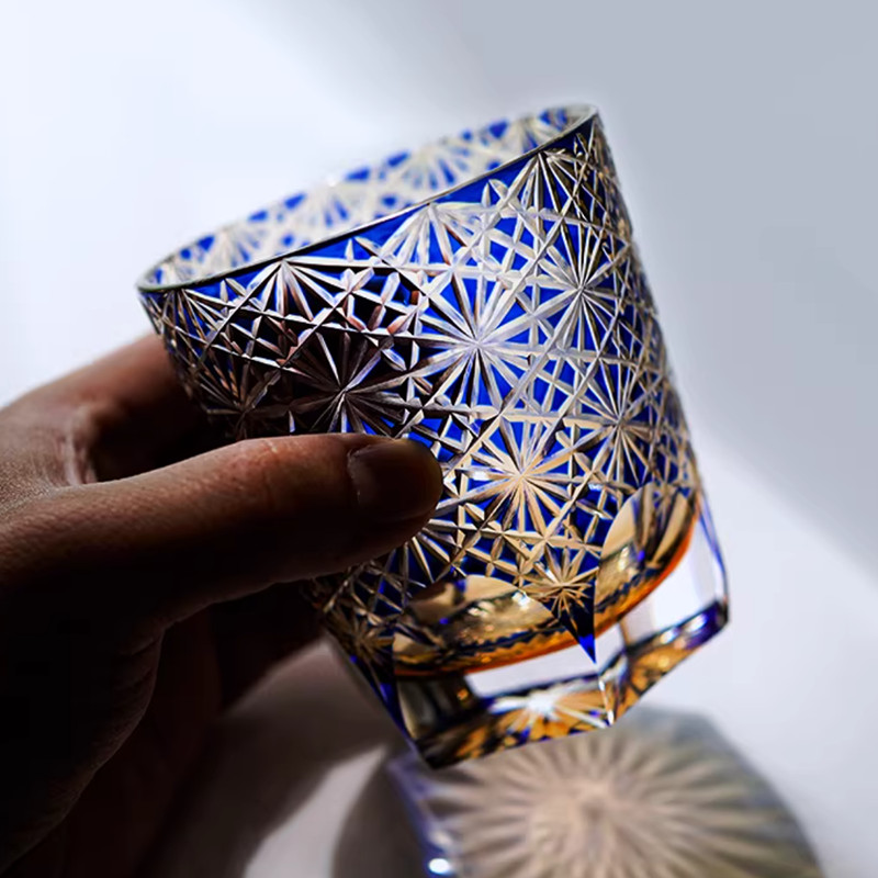 Edo Kiriko Crystal Whiskey Glasses Hand Cut To Clear Blue 9oz Gift Packing