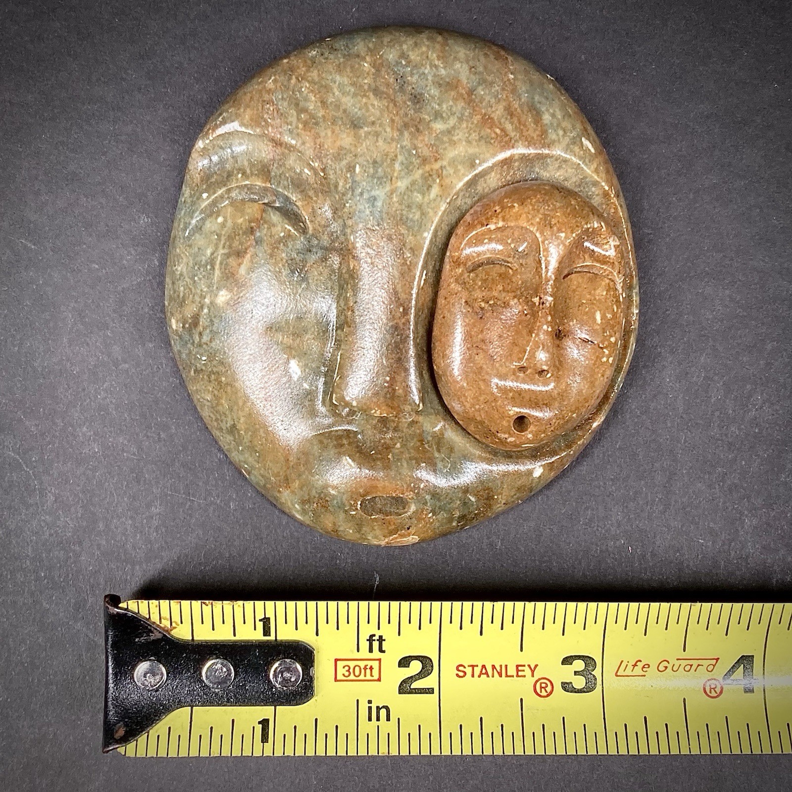 Alaska Native Handcrafted Stone Spirit In Eye Mask Soapstone Hangable Carving 3”