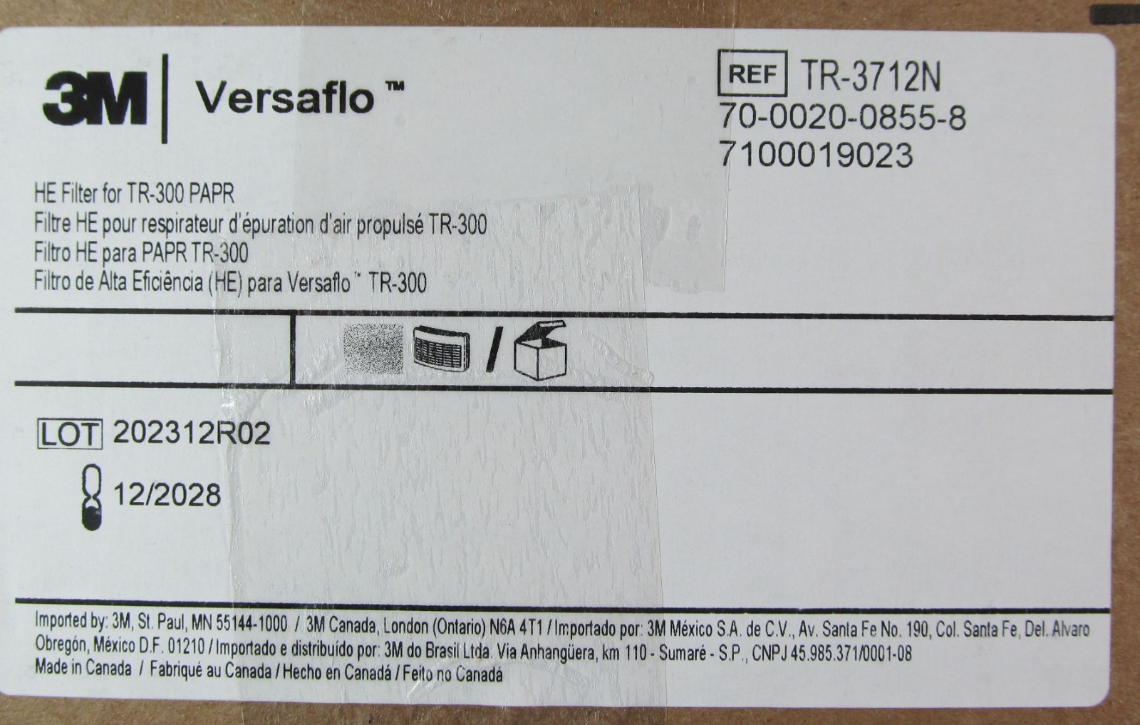 3M TR-3712N HIGH EFFICIENCY PARTICULATE FILTER VERSAFLO TR-300 SERIES PAPR 2028