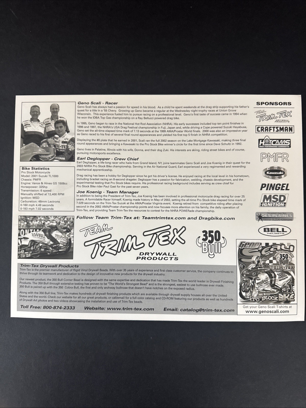 Geno Scali Autographed Racing Card Handout NHRA Pro Stock Motorcycle Trim-Tex