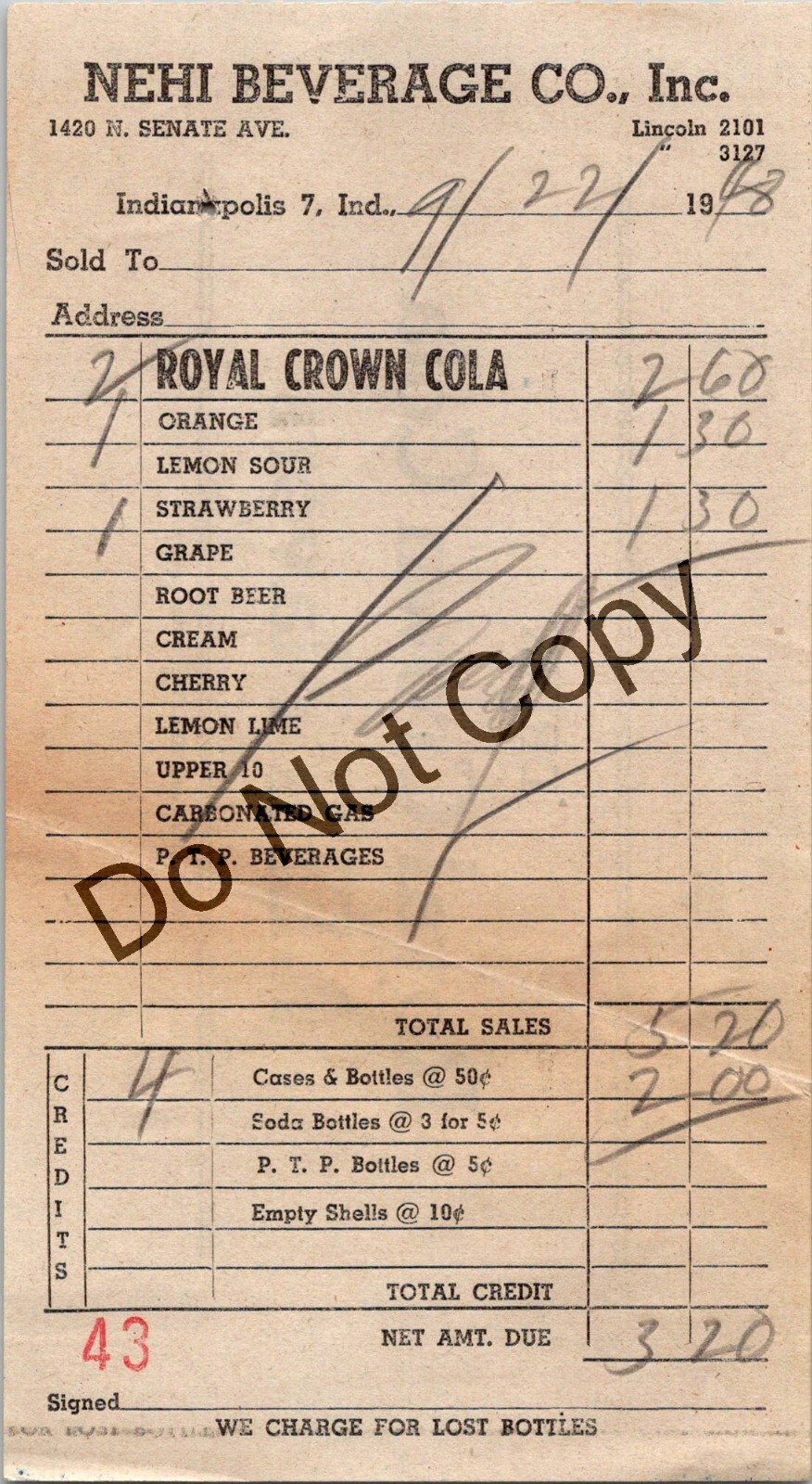 Vintage 1948 NEHI Beverage Co Inc  RC COLA Receipt Billhead INDIANAPOLIS IN AC96