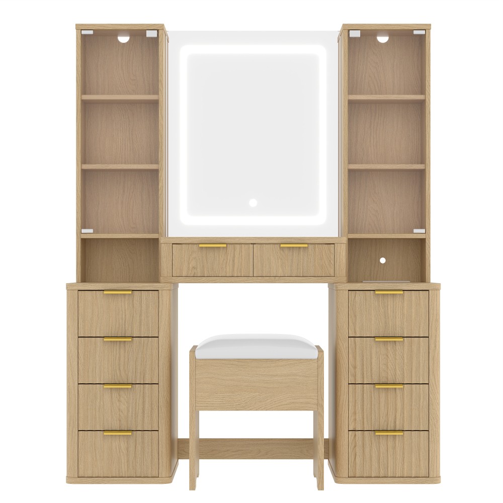 Cosmetic dresser with mirror, 10 drawers, stool, and charging station