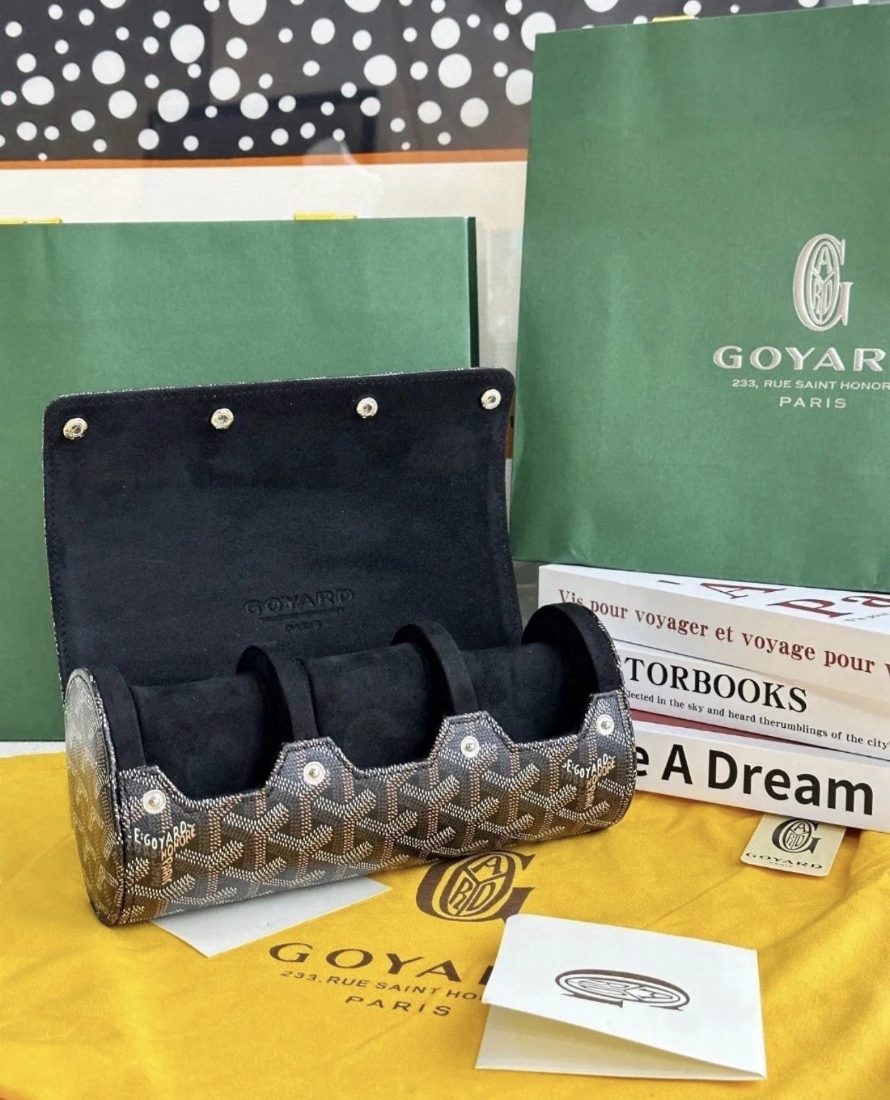 Goyard Travel Watch Case 3 Holder Black Leather