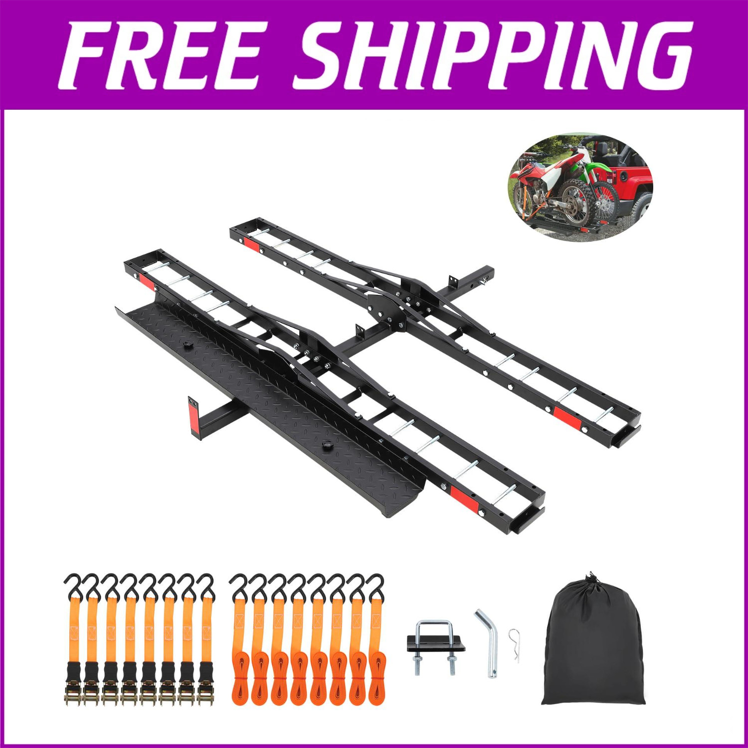 600 LBS Dual Motorcycle Steel Hitch Mount Hauler Dirt Bike Hitch Carrier w/Ramp