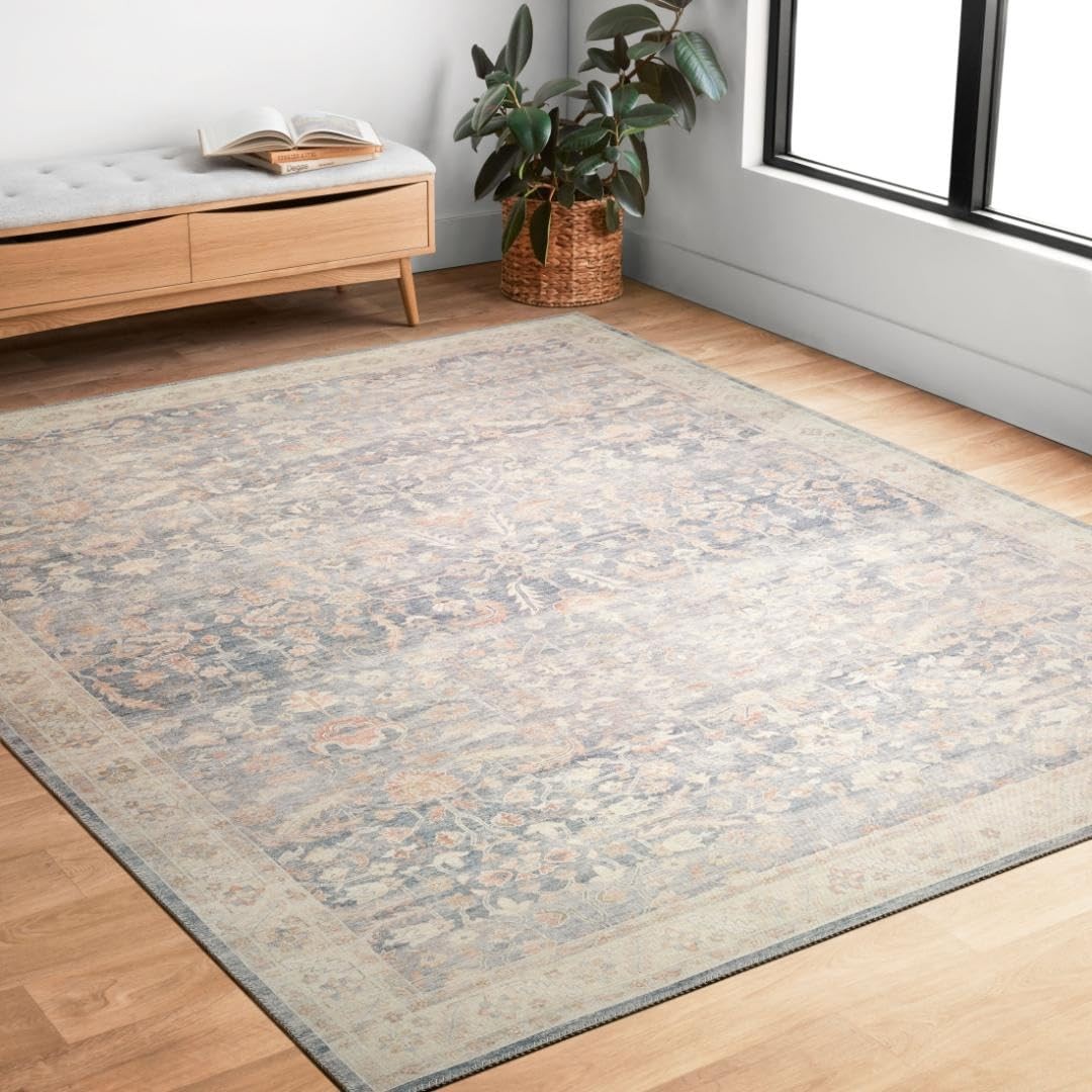 Hathaway Collection HTH-02 Denim/Multi 2'-6" x 7'-6", .25" Thick Runner Rug, ...