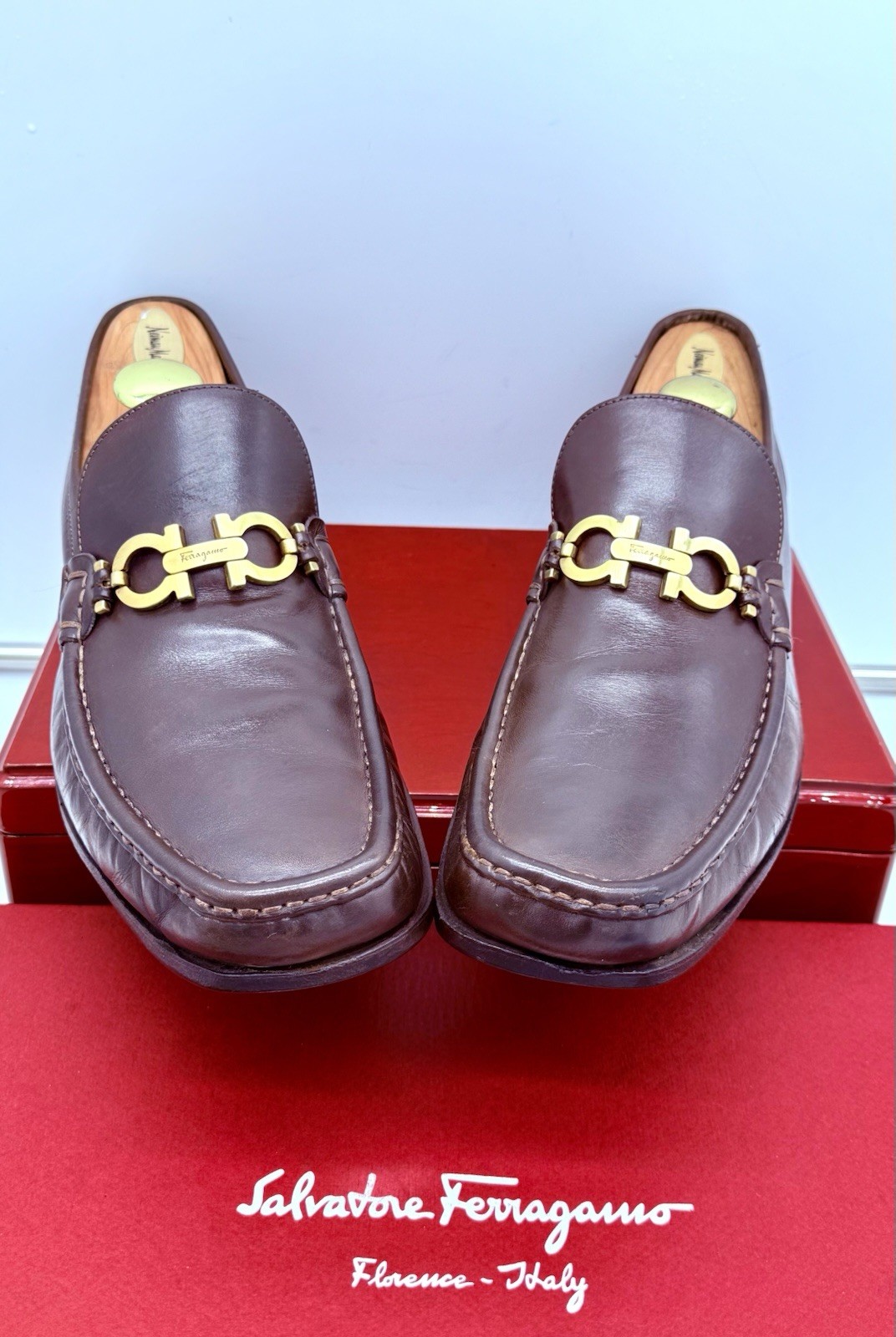 Ferragamo Mens Brown Loafers 12 Gold Gancini Horse Bit Leather Luxe Shoes Rare