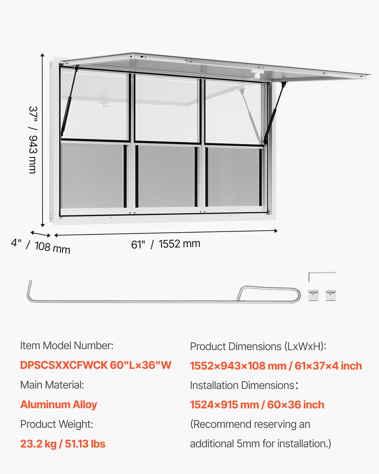 VEVOR 60x36in Concession Stand Serving Window Food Truck Service Awning Aluminum