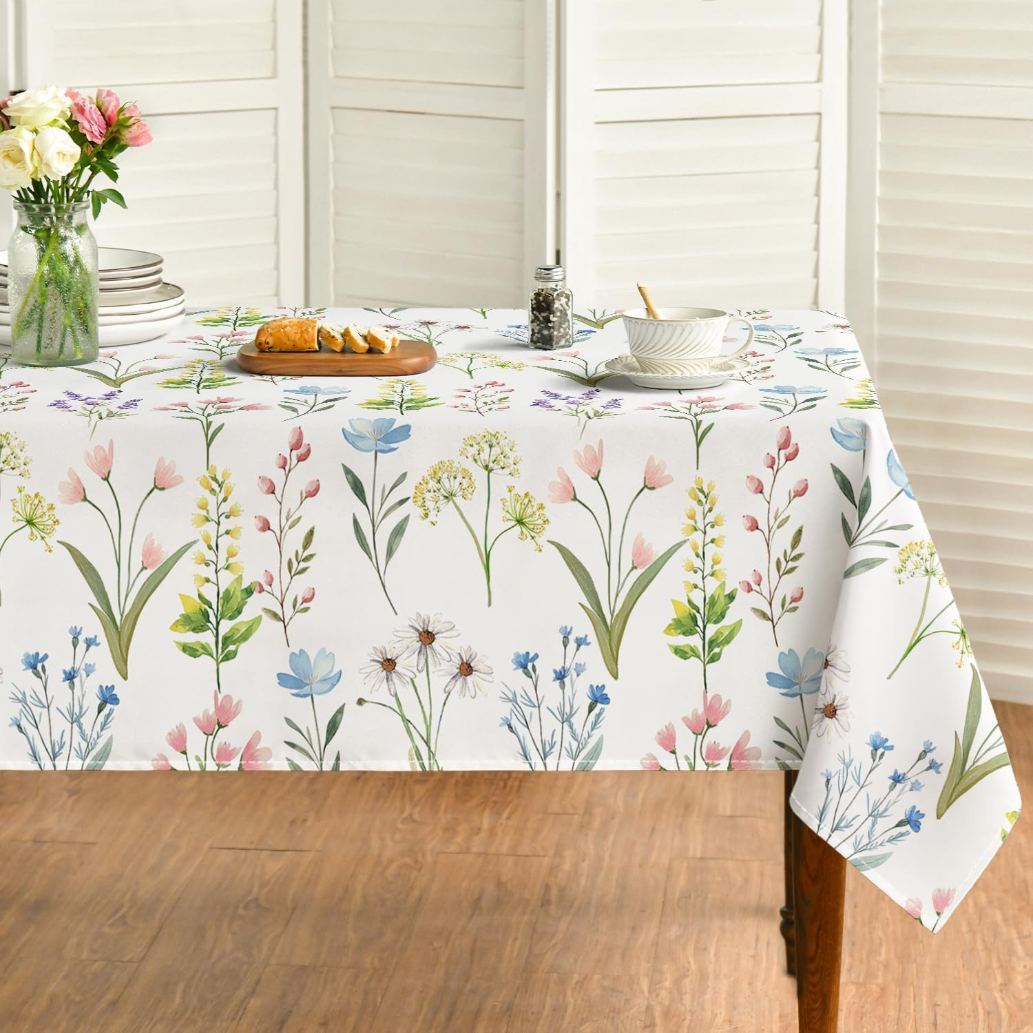 Spring Tablecloth 60×84 Inch Rectangular, Wildflowers Floral Herbs Elegant Washa