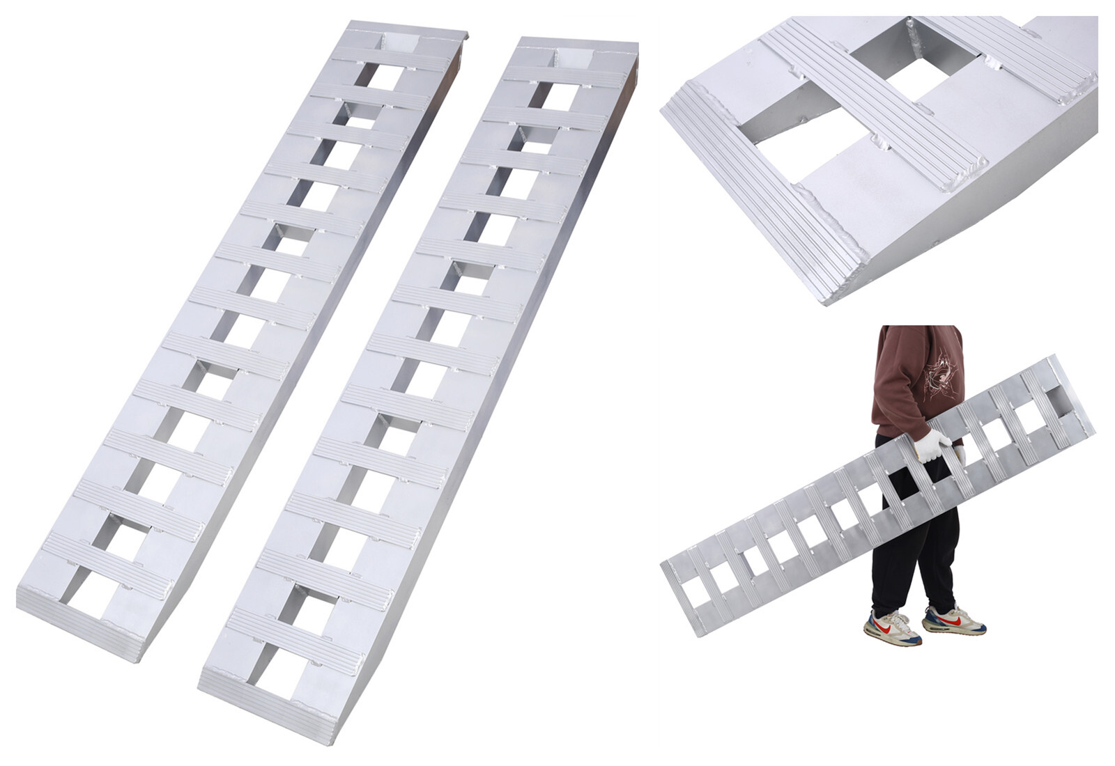 Universal 2pcs Aluminum Loading Ramp 6600 LBS Capacity w/ Top Hook Attaching End
