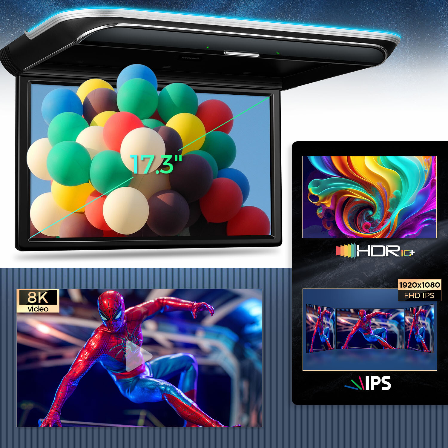 17.3" Car Roof TV Video Flip Down Overhead Monitor IPS Screen WiFi HDMI 1080P