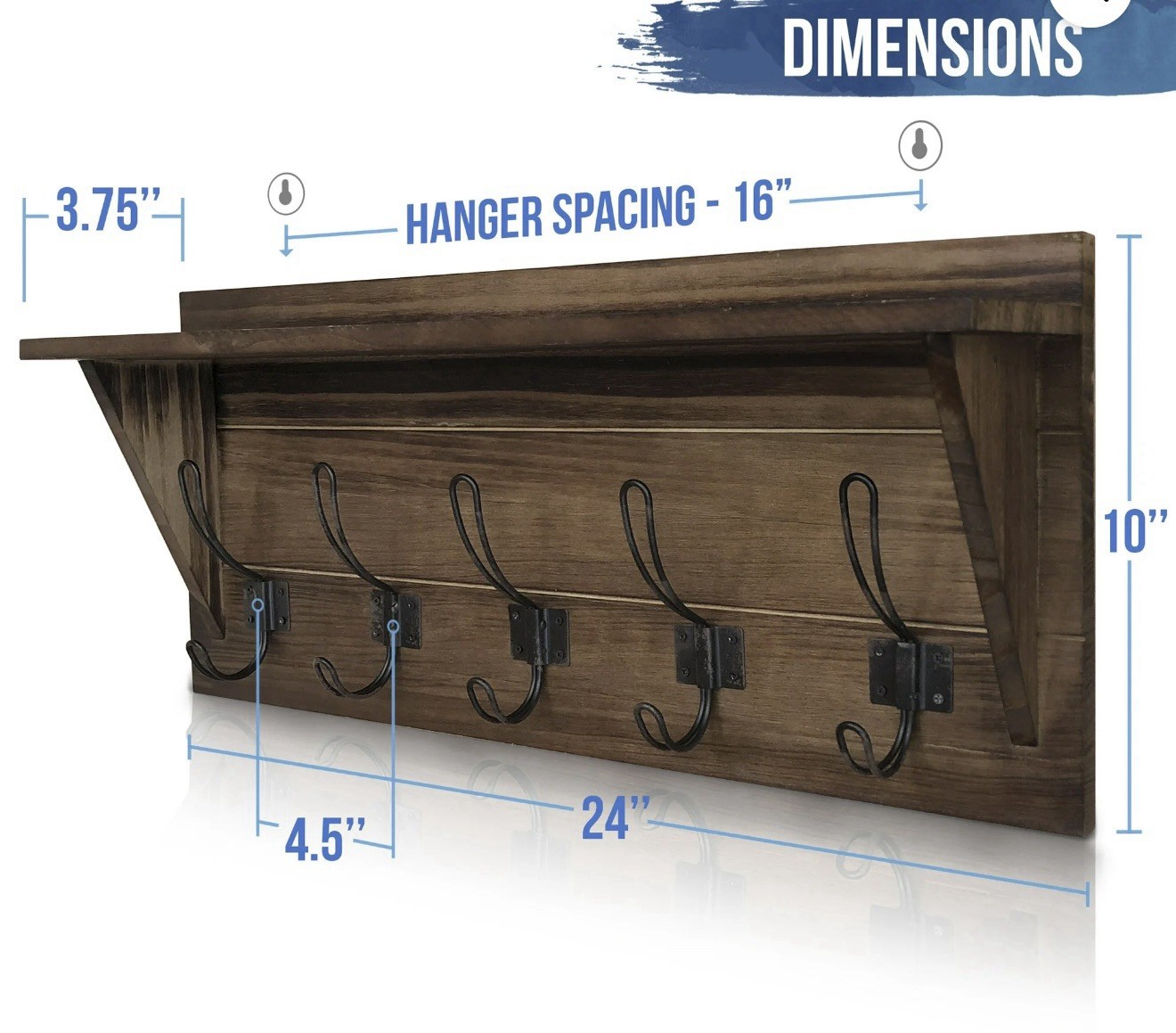Rustic Brown Solid Wood Wall Mounted Coat Rack with Shelf, 5 H