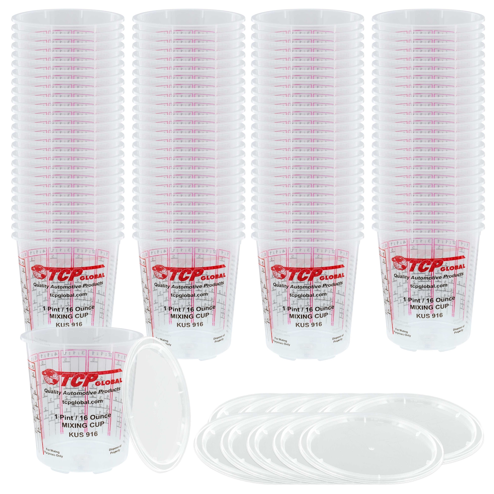 16-Ounce (1 Pint) Paint & Epoxy Mixing Cup Calibrated Ratios - 100 Cups/12 Lids