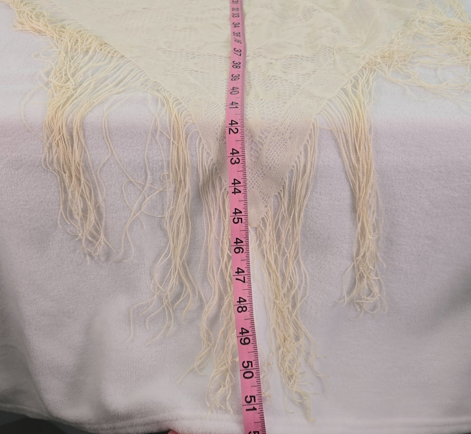 Vintage Large Woven Shawl with Fringe Floral Boho Made In Japan Cream