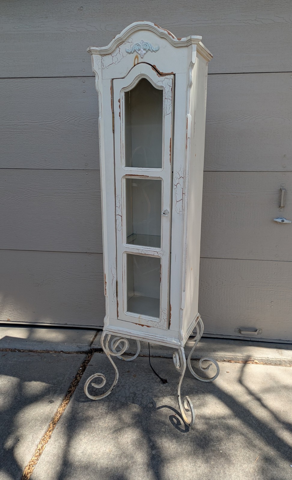 Vintage Shabby Chic French Country Cottage White Curio Display Cabinet Iron Legs
