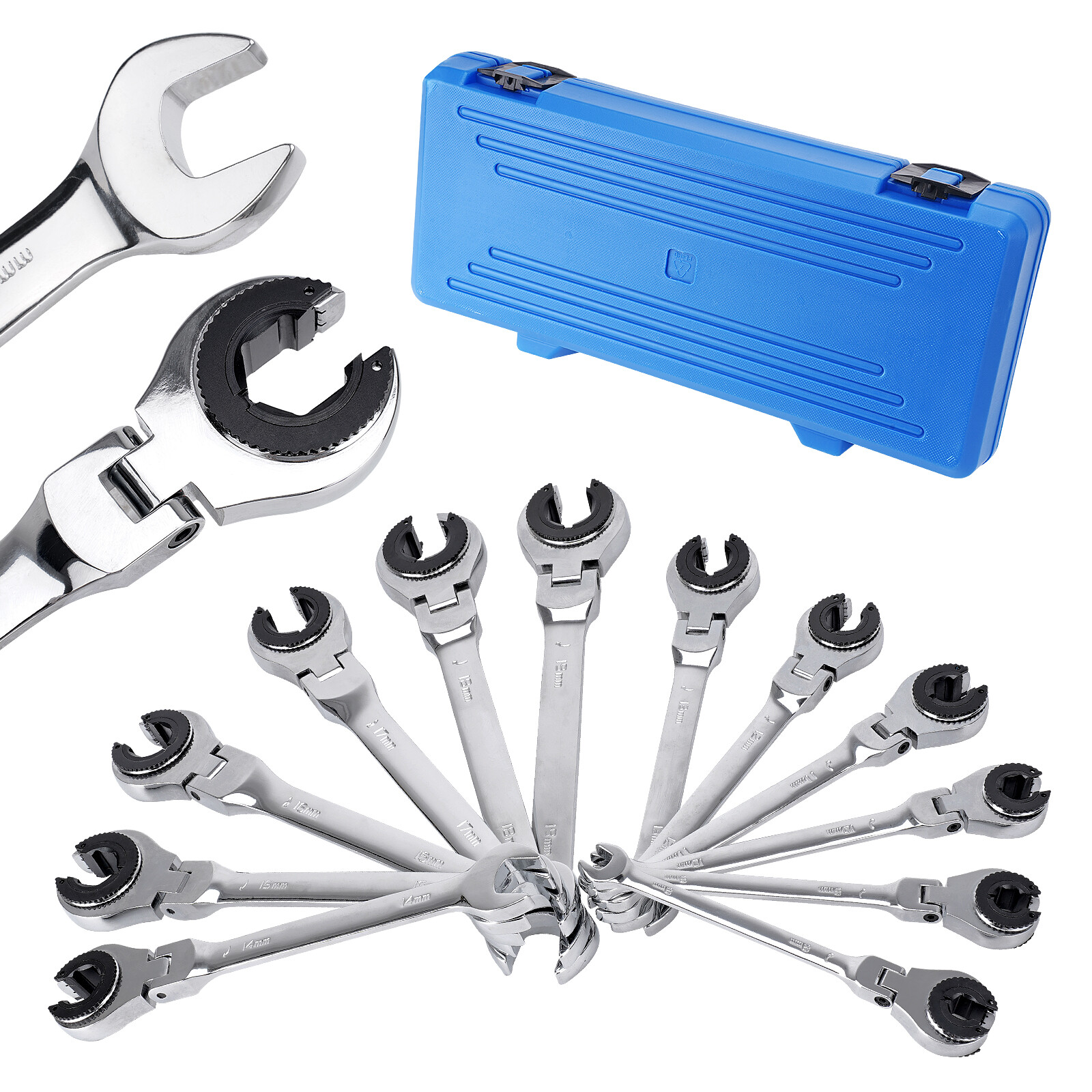 12PCS 8-19mm Metric Open Flex-Head Ratcheting Wrench Metric Spanner w/ 72 Teeth
