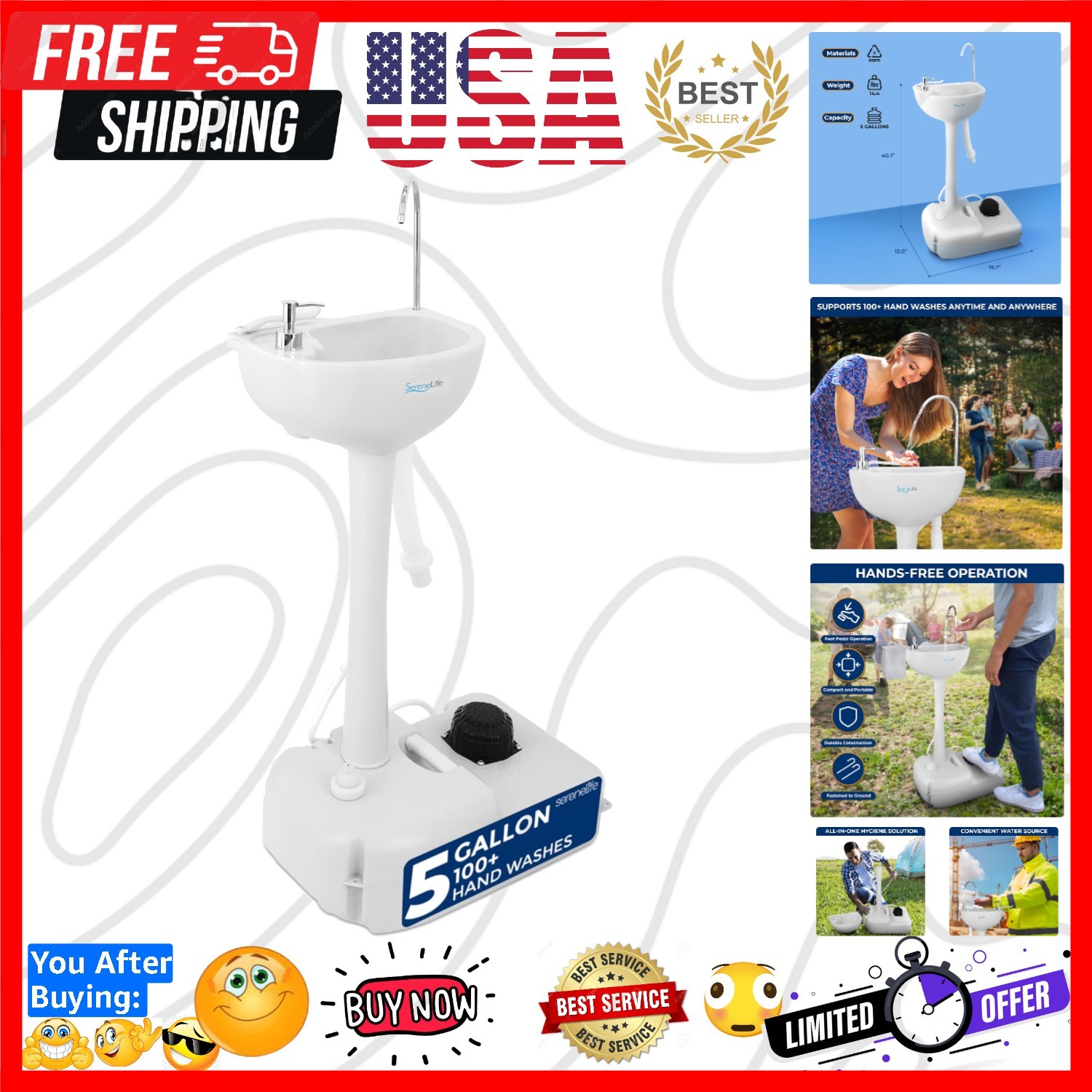 Portable Camping Sink with 19L 5+ Gallon Water Tank, Hands-Free Foot Pump, So...