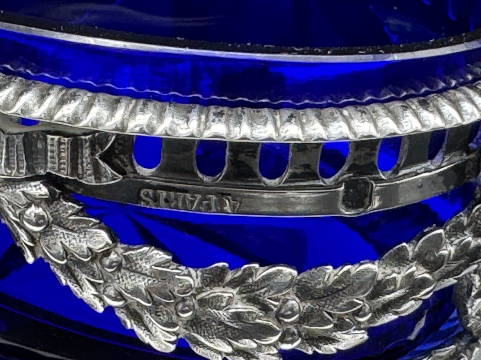 ANTIQUE FRENCH STERLING SILVER MASTER SALT CELLAR W/ COBALT BLUE GLASS INSERT