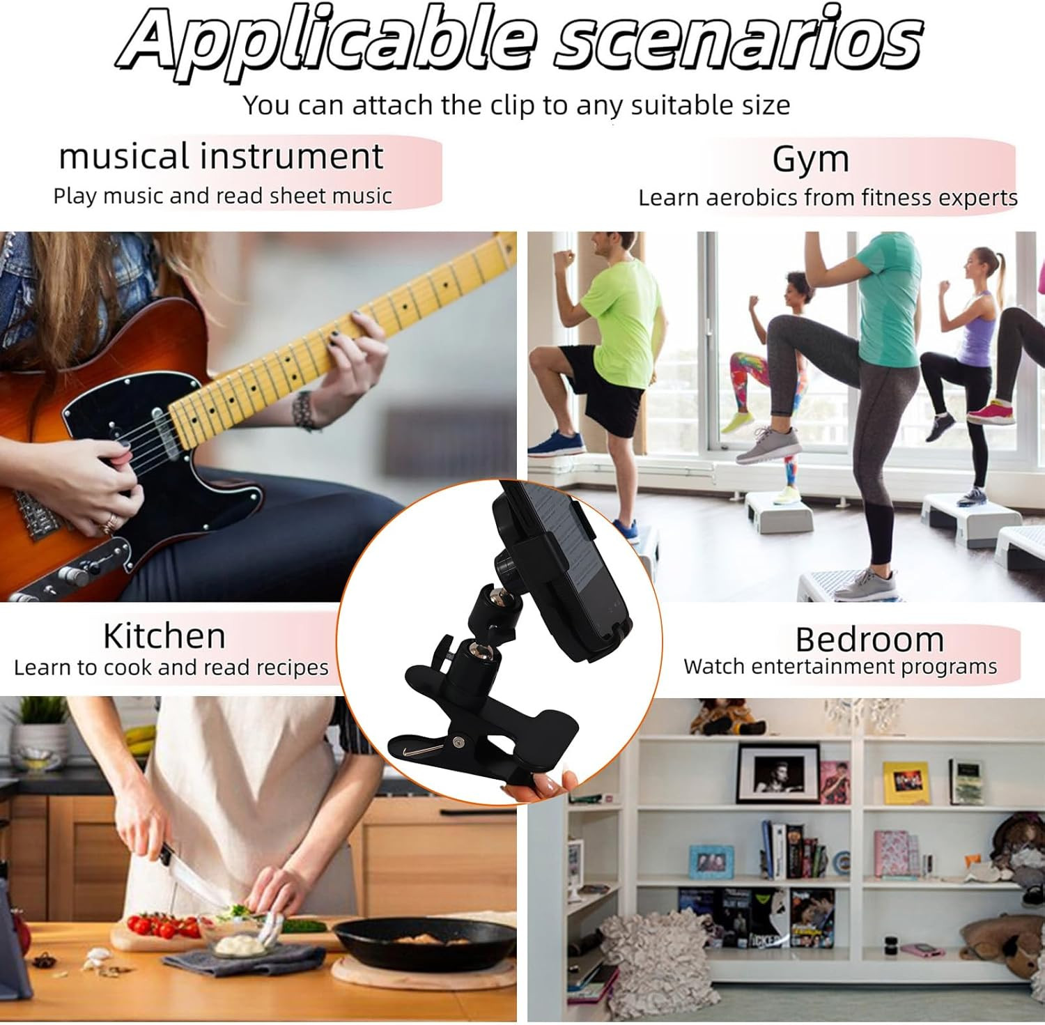 Guitar Phone Holder Mount for Guitar Bass Ukulele, Adjustable and Rotatable Arm,