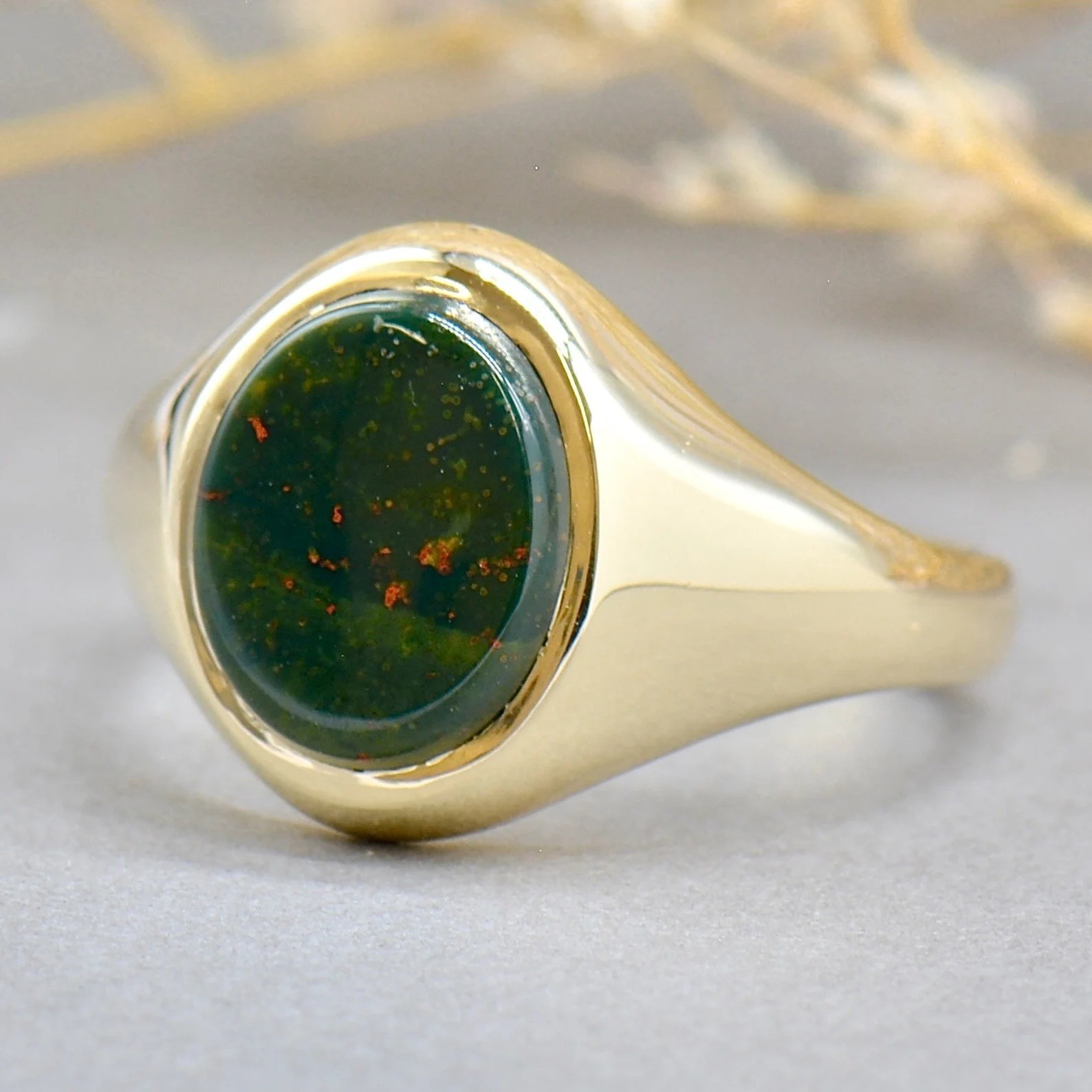 Men’s Bloodstone Ring 14K Gold Plated Oval Signet Vintage Style Gemstone Jewelry