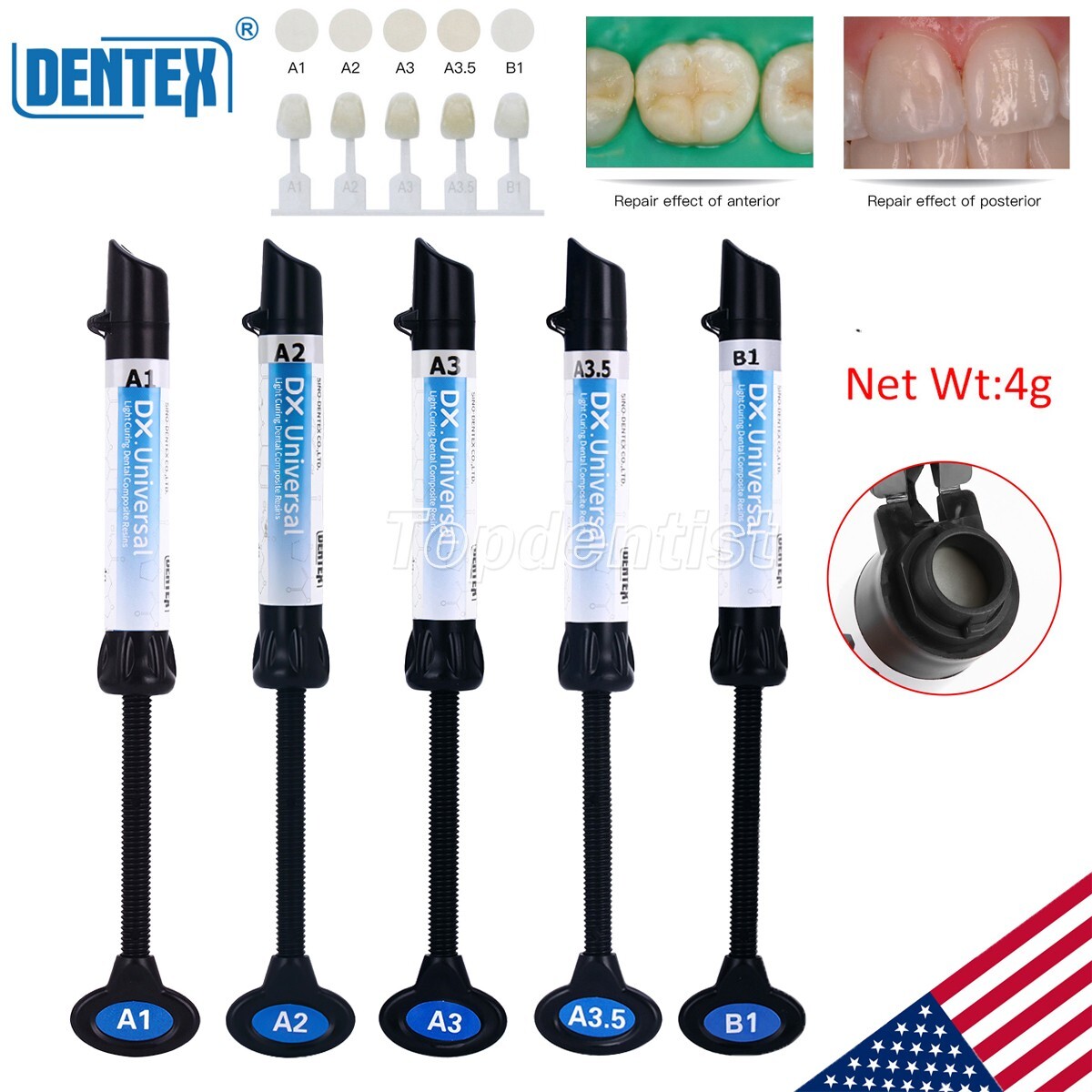 DX Dental Universal Light Cure Composite Resin A1,A2,A3,A3.5,B1 Shade 4g/Syringe
