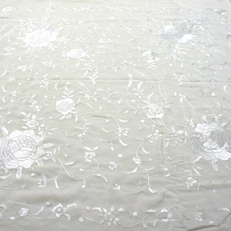 Antique Silk Shawl Wrap Piano Scarf HAND EMBROIDERED FLORAL WITH FRINGE.