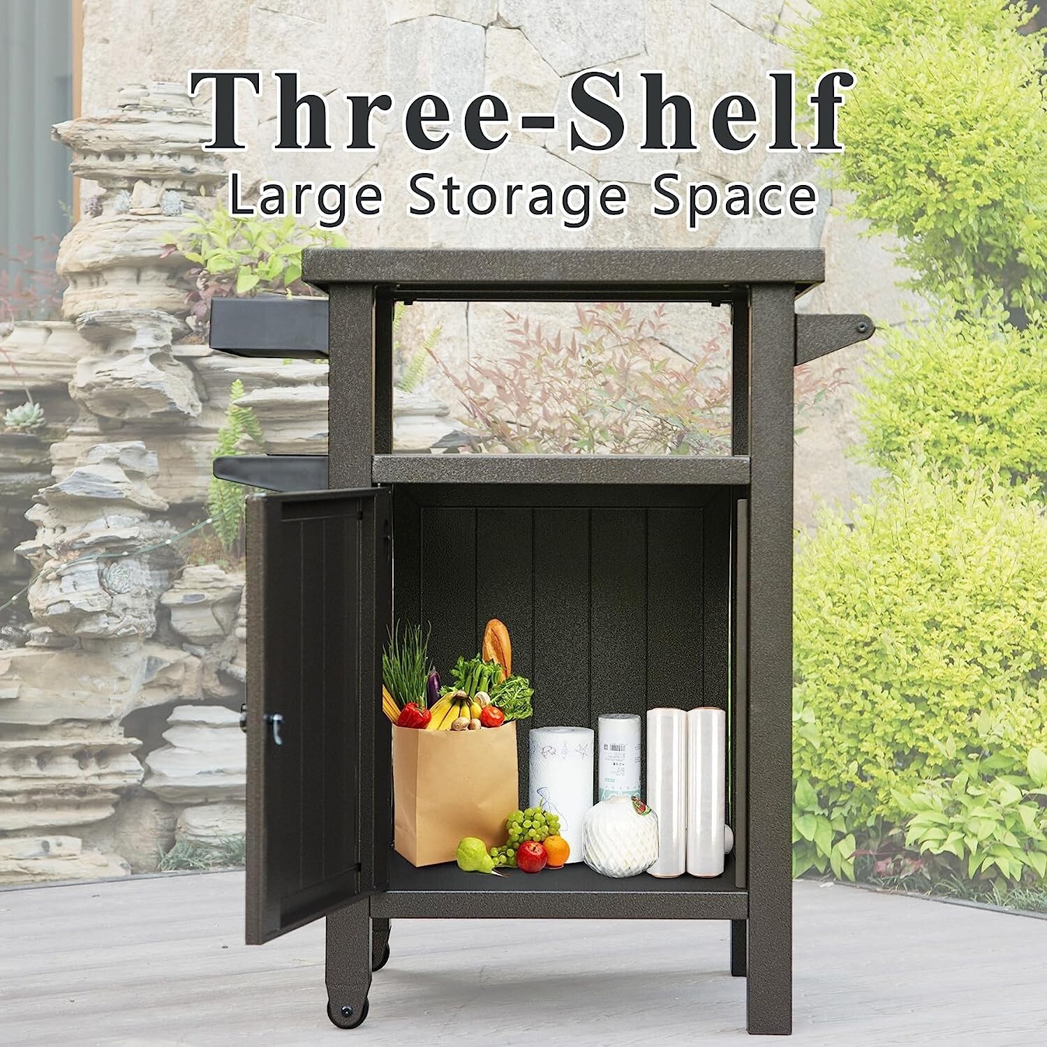 Domi Outdoor Grill Carts w/Wheels,Metal Table and Storage Cabinet for BBQ(Brown)