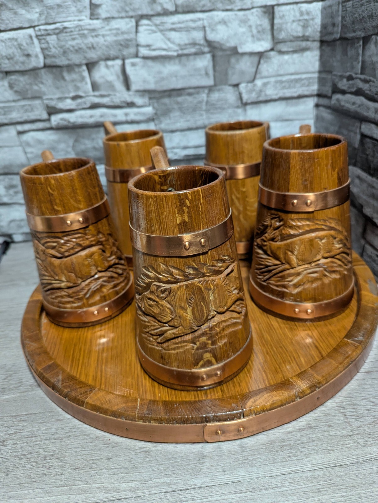 Vtg Set Of 5 Wood & Copper Beer Mug Stein Tankard Cups w/Tray Viking Bar Decor